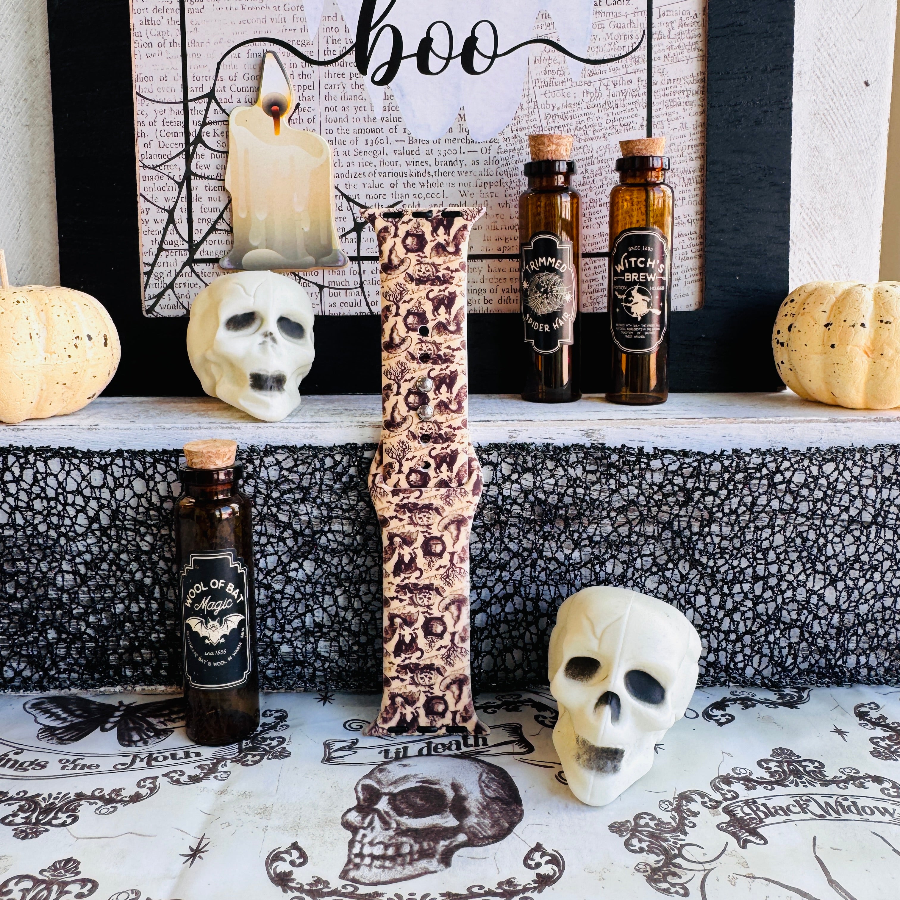 washable silicone apple watch band – antique parchment base with spooky motifs
