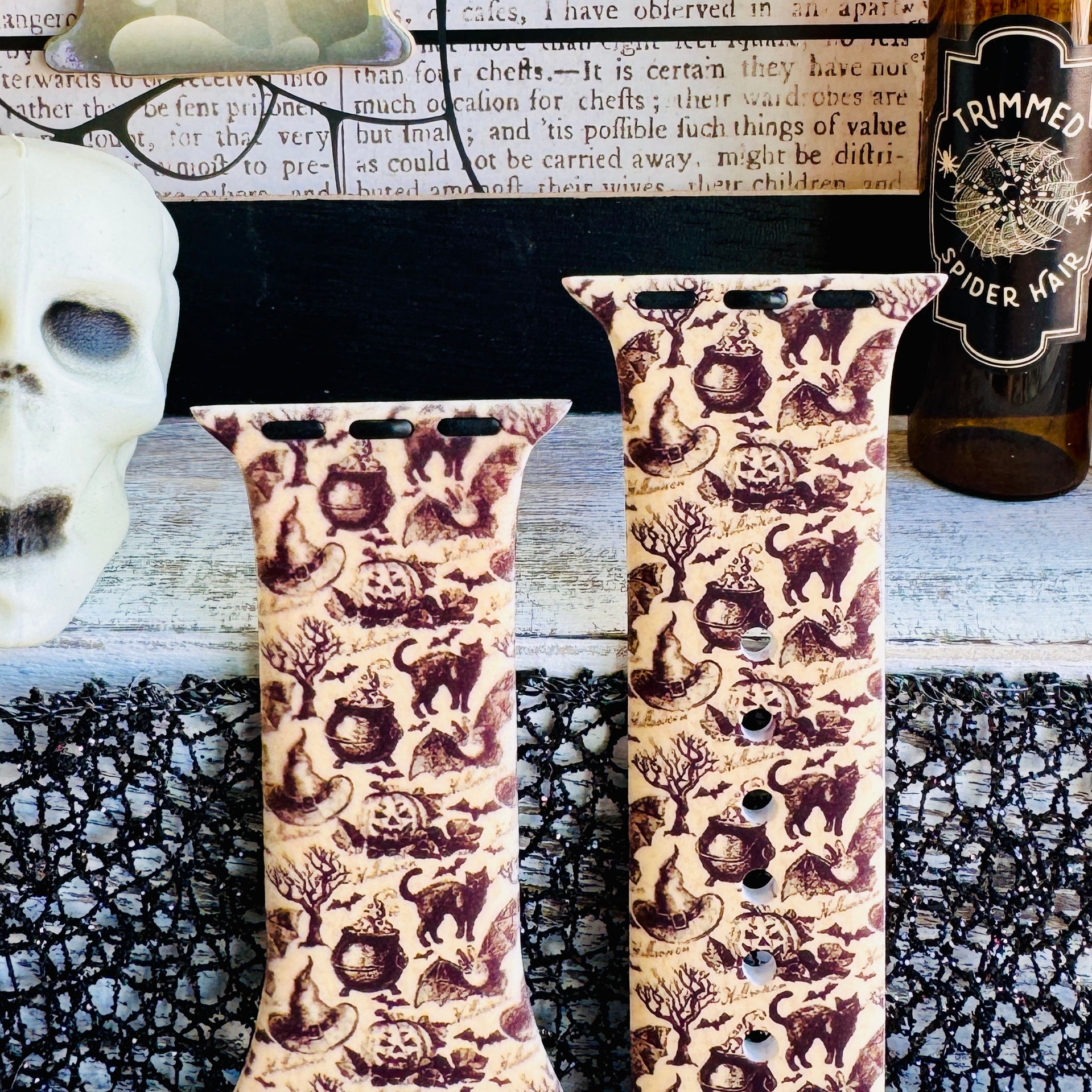 silicone apple watch strap closeup – vintage haunt black cat and bat toile print