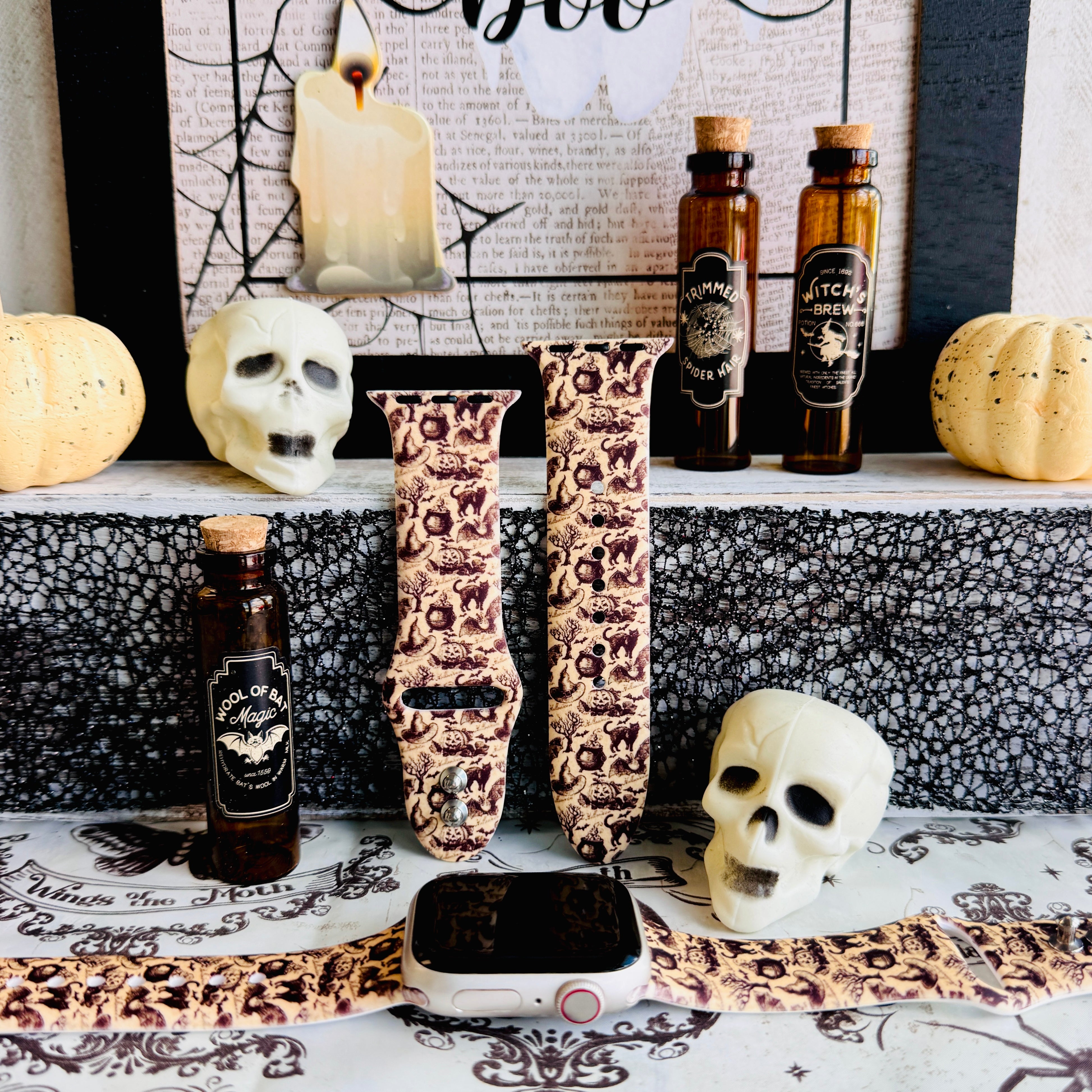 vintage haunt apple watch band – parchment silicone with sepia halloween toile; fits 38–49 mm