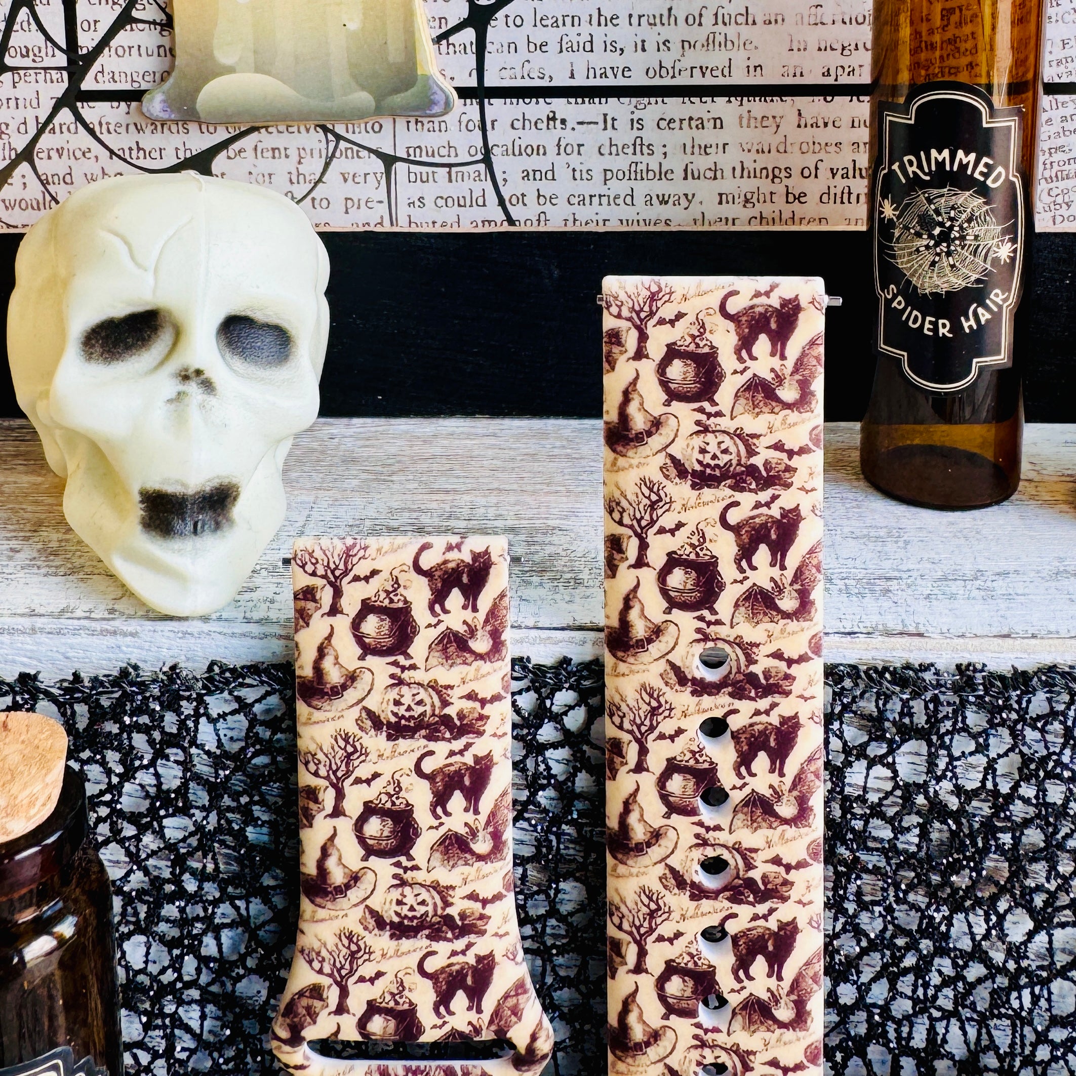 sepia halloween print galaxy watch strap with skulls and cauldrons