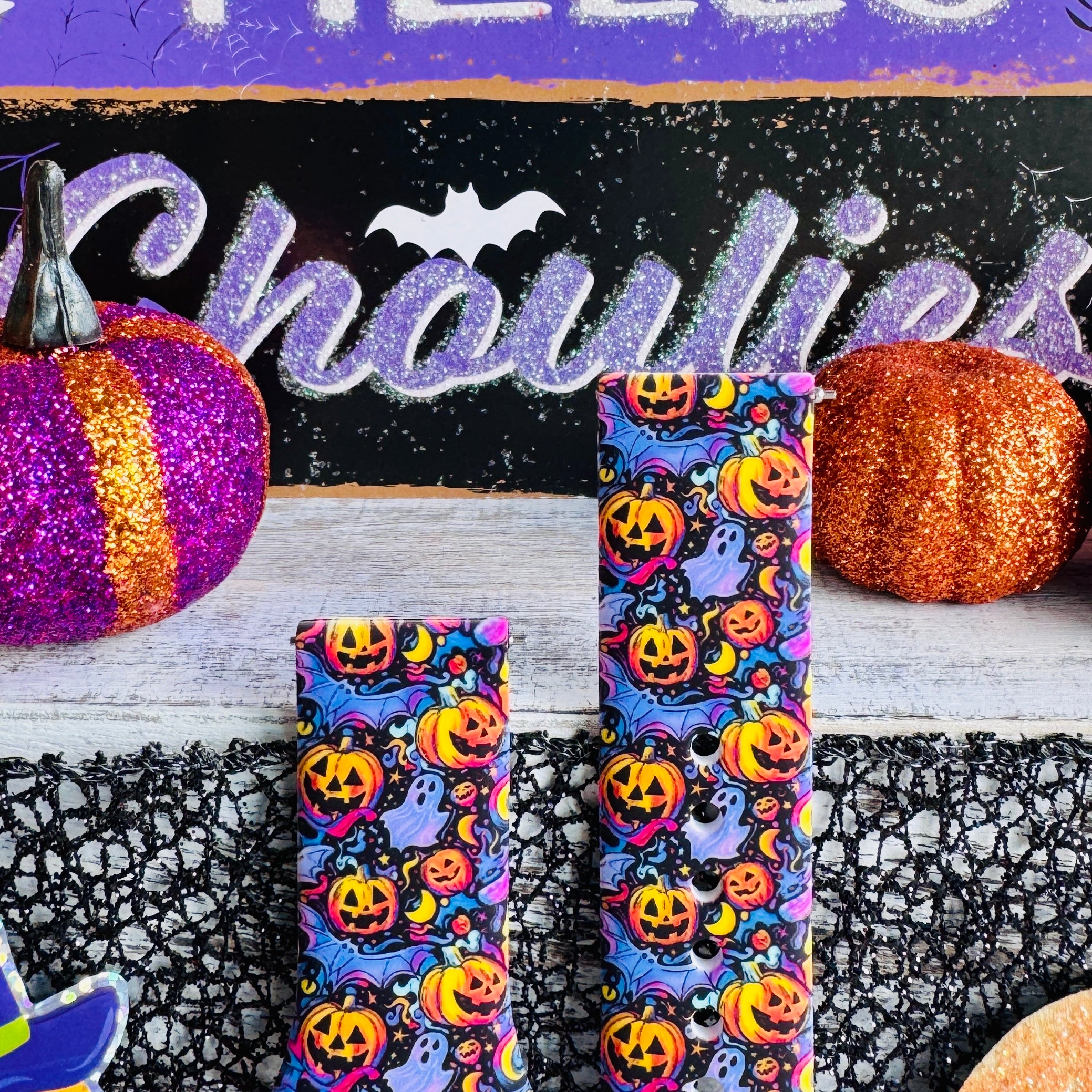 pumpkin and ghost pattern galaxy watch strap neon accents 20mm