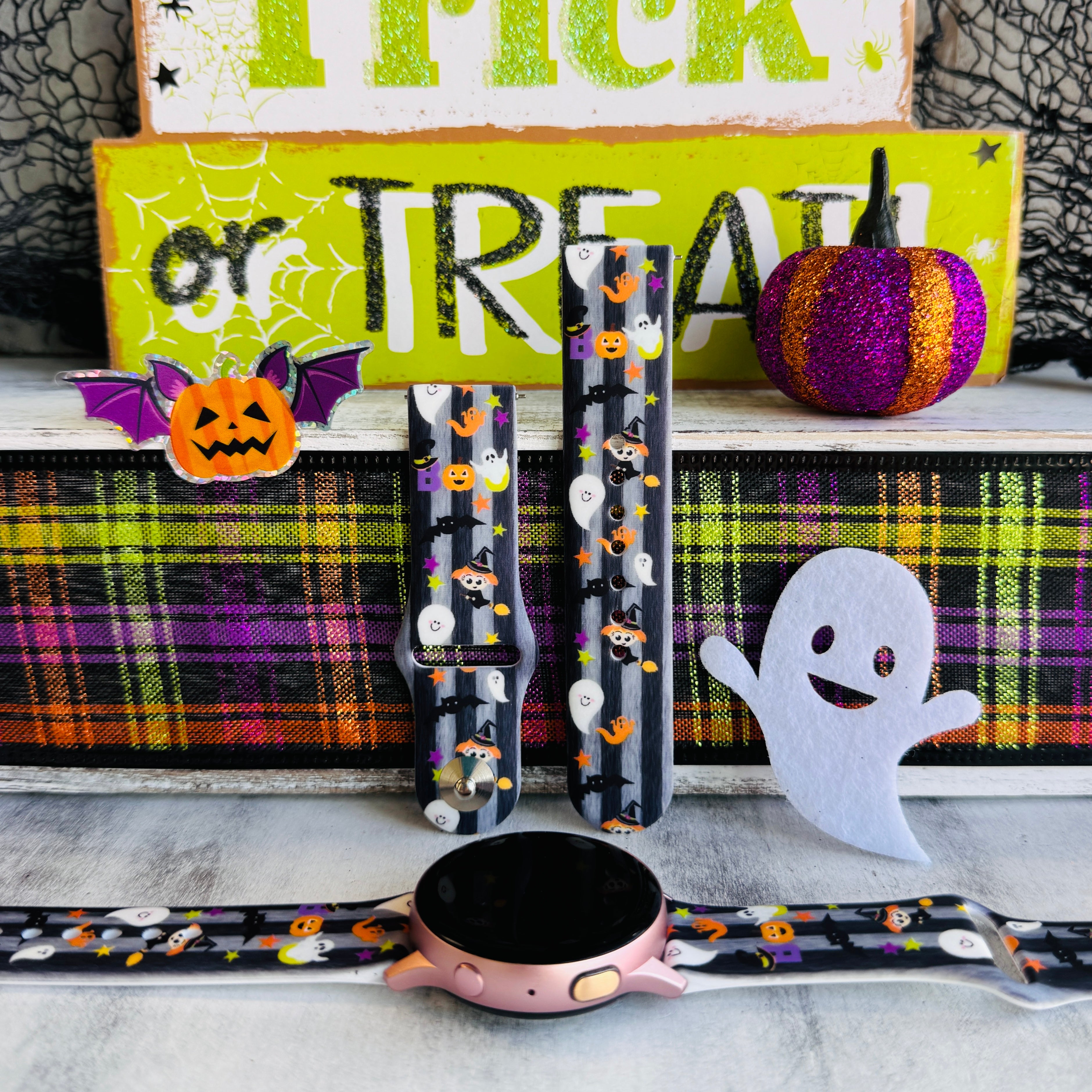 boo crew samsung galaxy watch band 20mm silicone ghost and pumpkin print