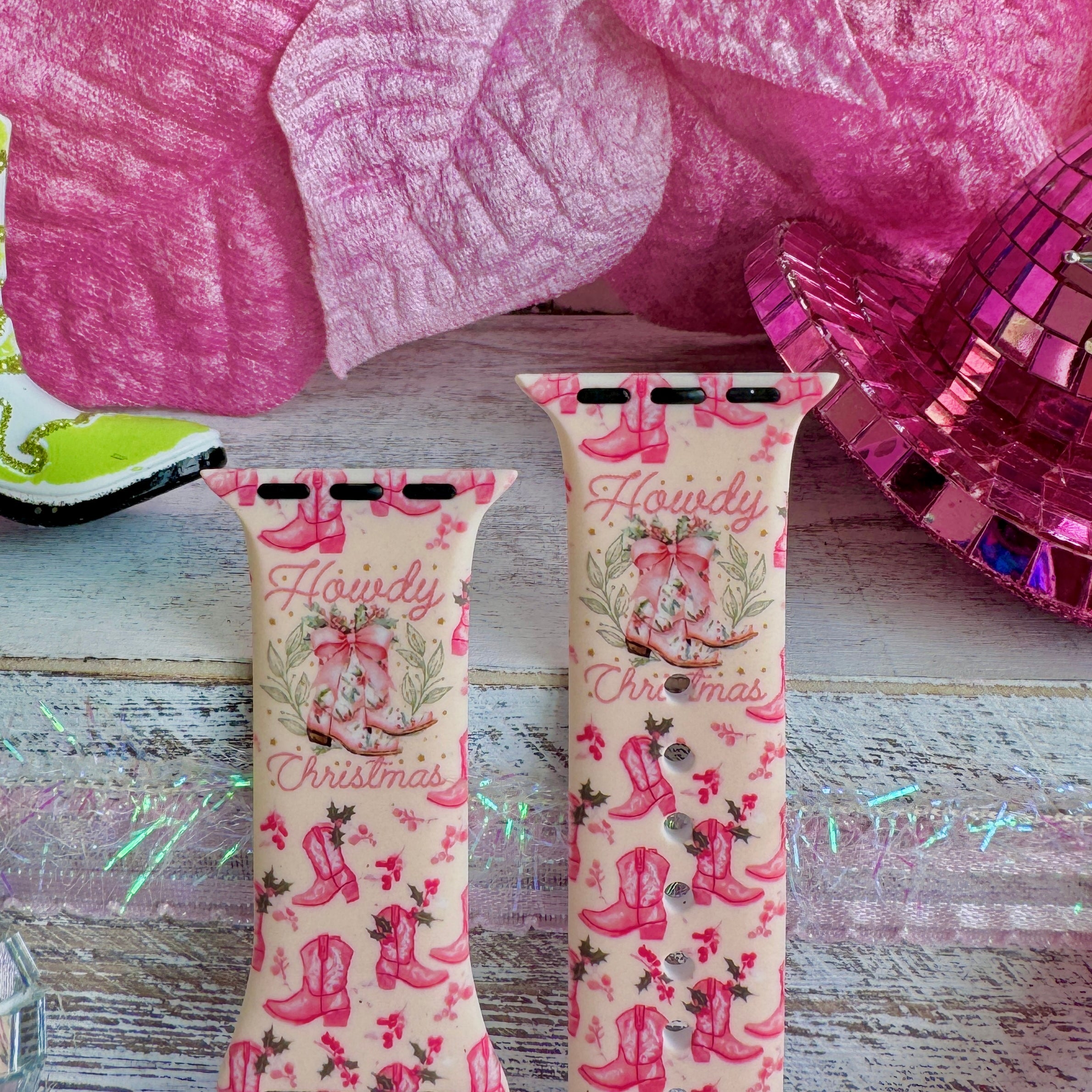 silicone apple watch strap closeup – howdy holidays boot pattern and rope stars