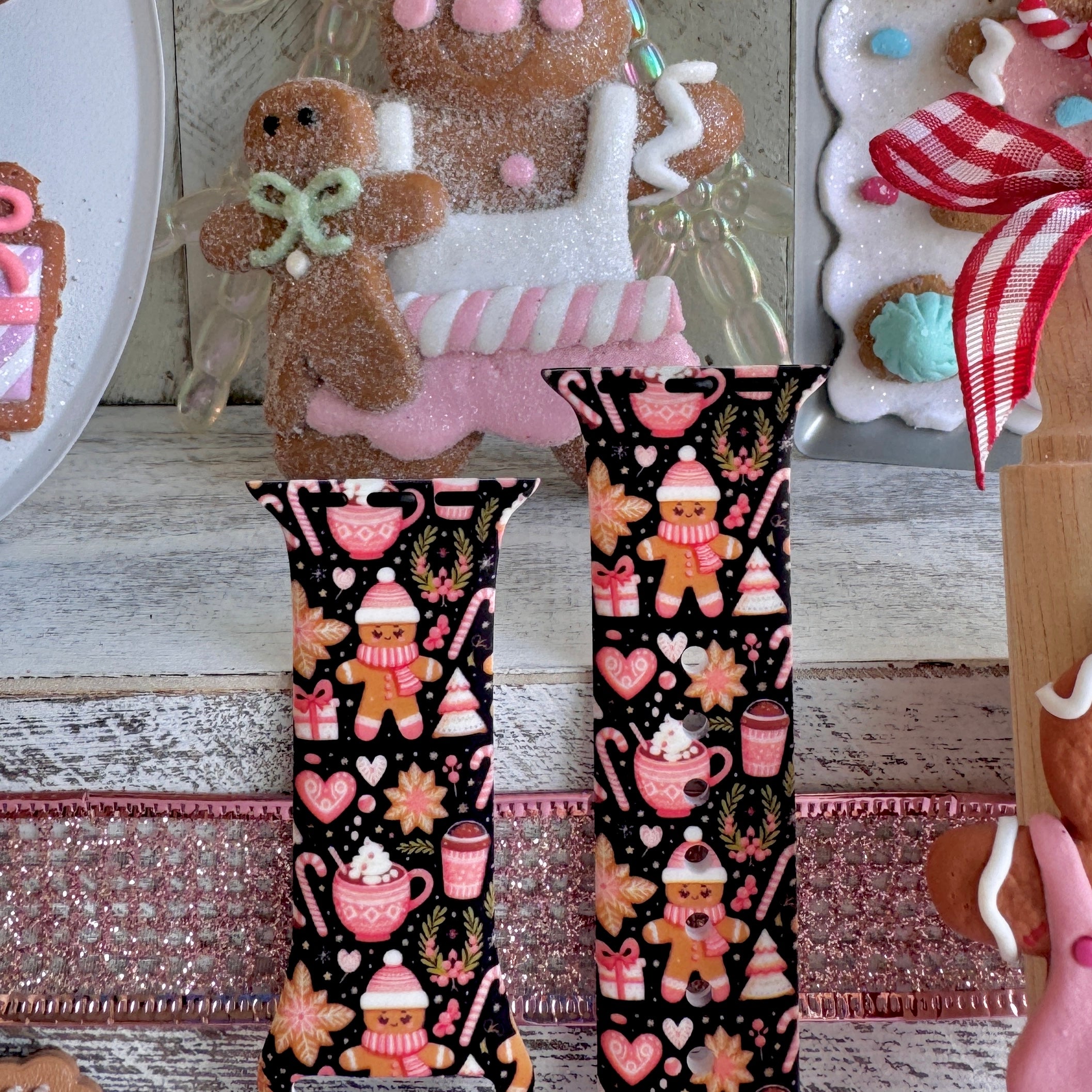 silicone apple watch strap closeup – gingerbread and cocoa mug print with snowflakes