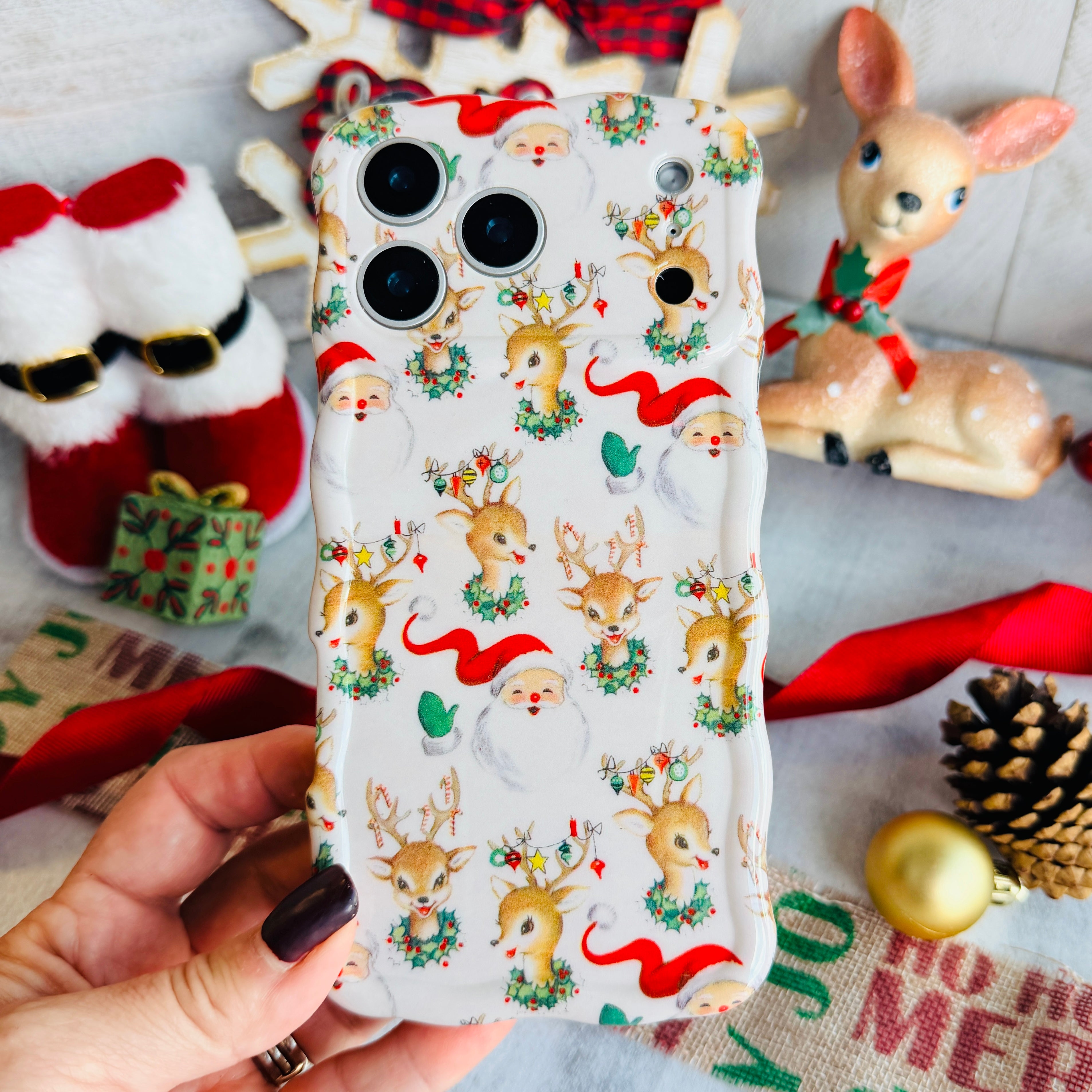 Vintage Christmas Wavy Luxe MagSafe iPhone case — retro Santa and reindeer on cream