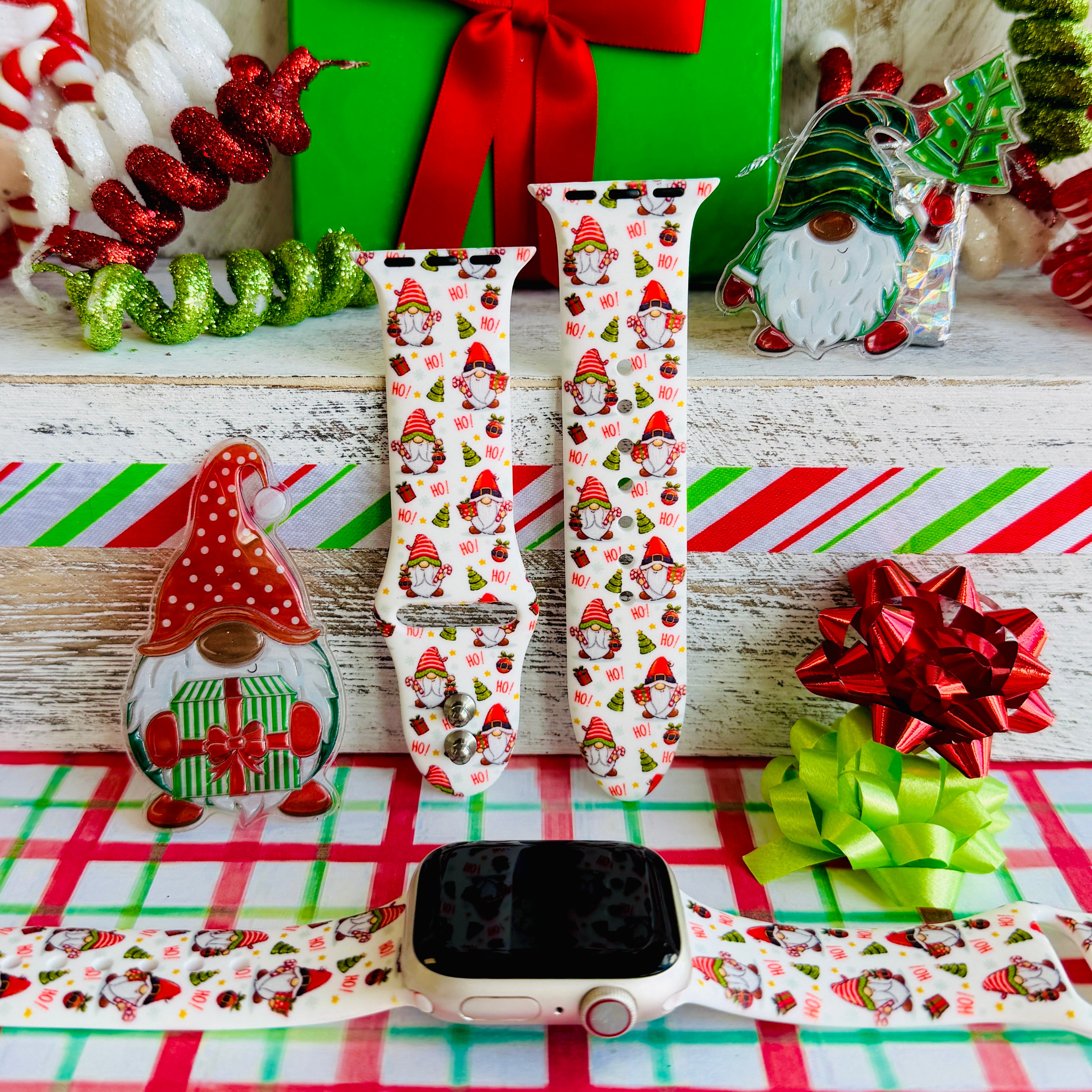 ho ho gnome christmas apple watch band with candy canes and holly on white
