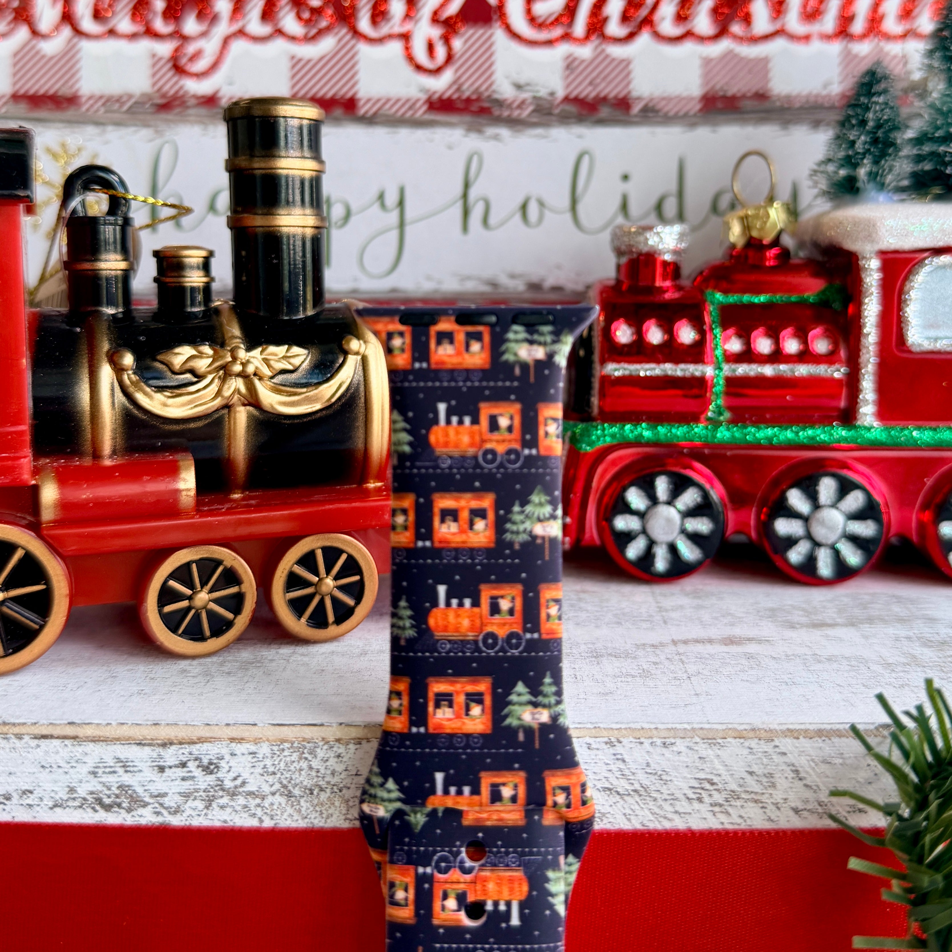 Close up of buffalo plaid pattern on silicone Apple Watch strap