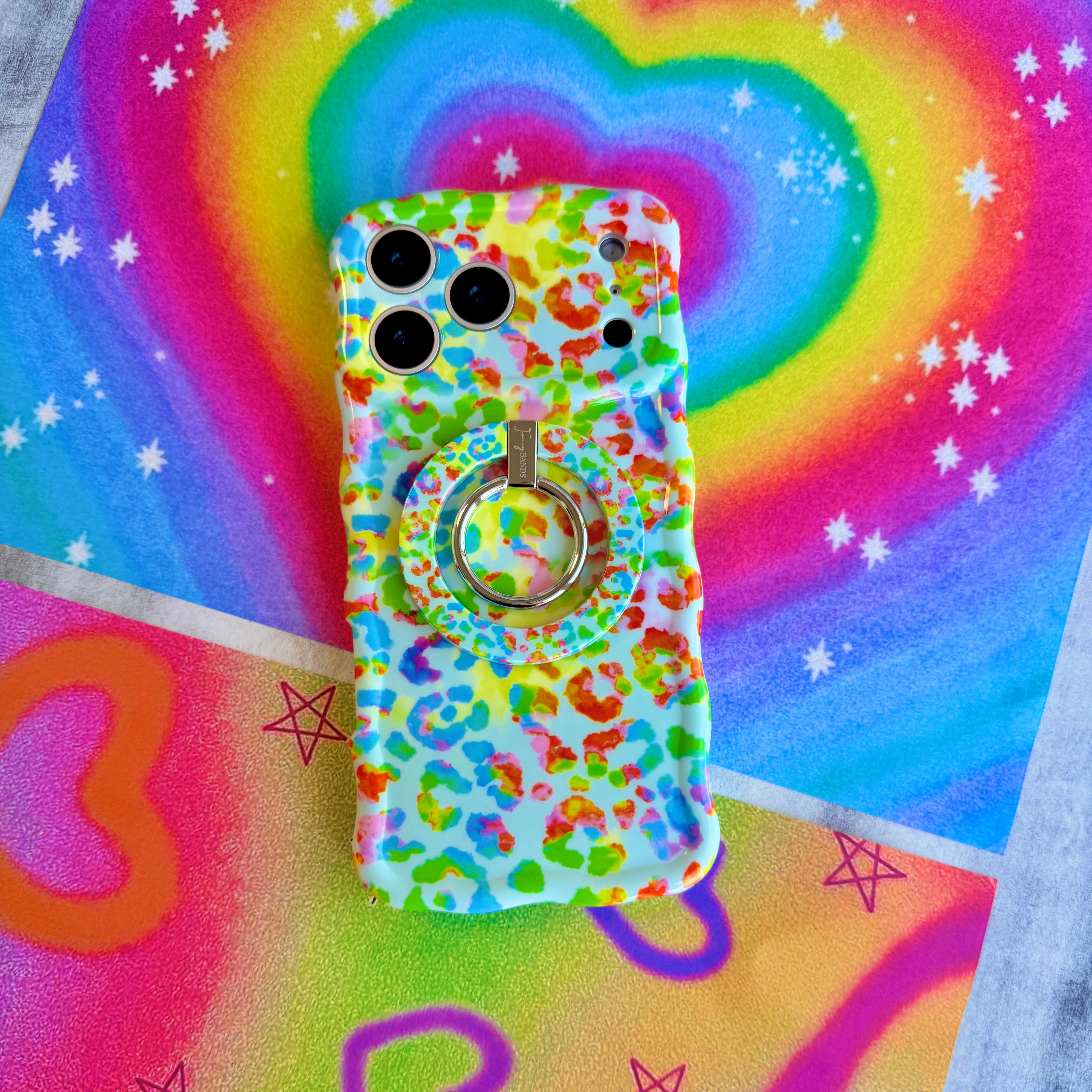 Wavy iPhone case featuring a vibrant neon rainbow leopard print with a high-gloss finish.