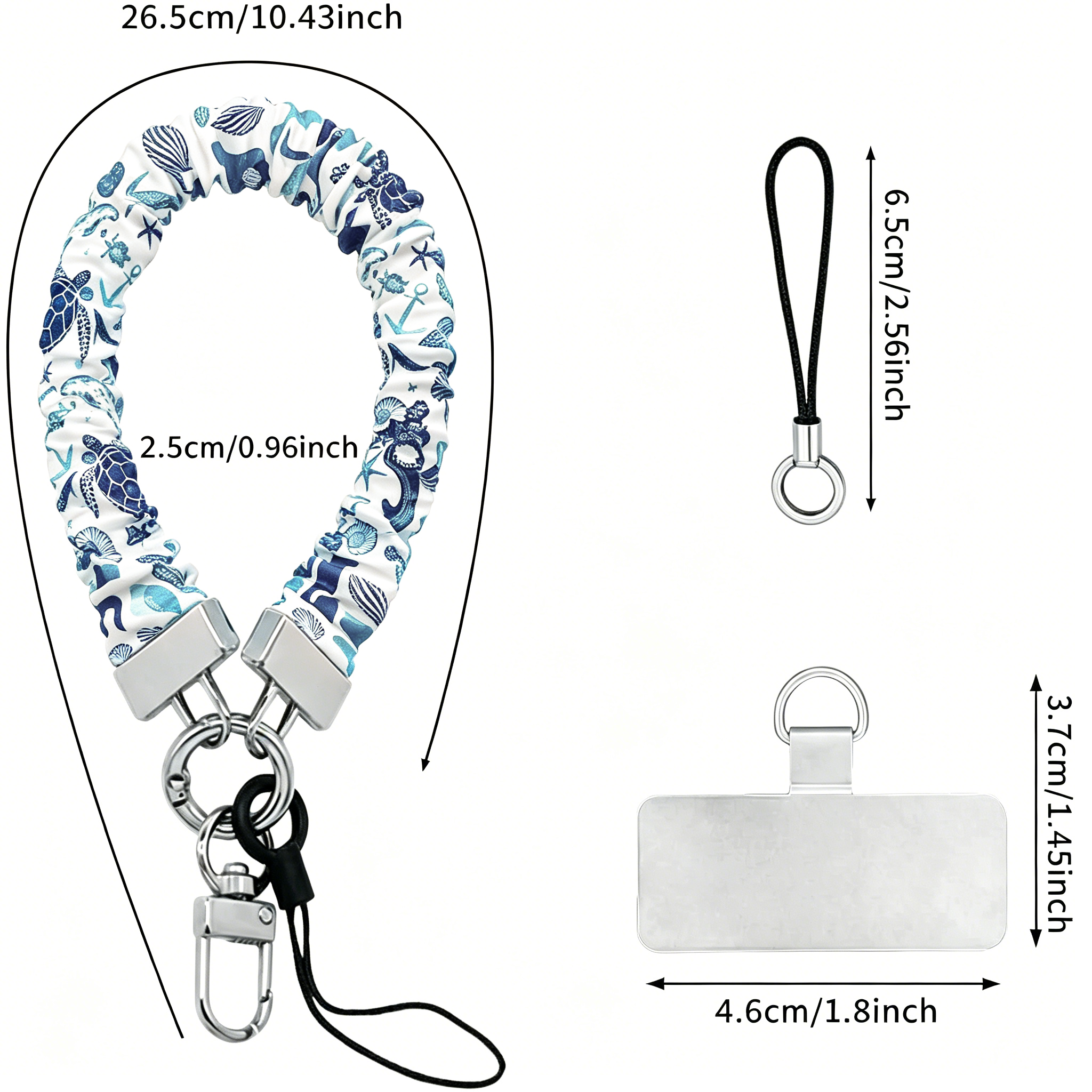 A Blue Lagoon scrunchie phone wrist strap with a blue and white sea turtle and ocean design attached to a matching Wavy Luxe case on a blue starfish background.