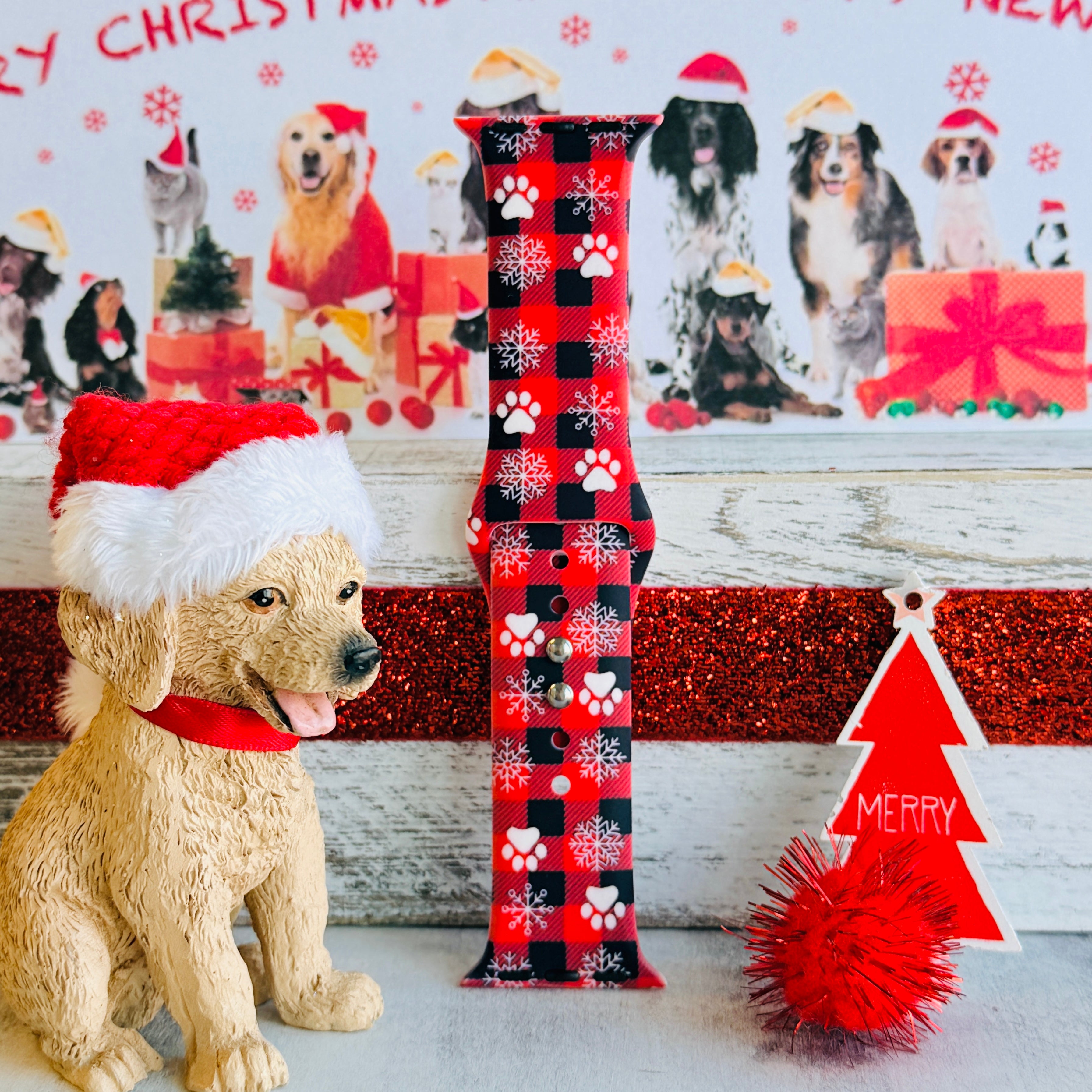 Pawliday Plaid pet lover Apple Watch strap with red buffalo check and white paw print pattern