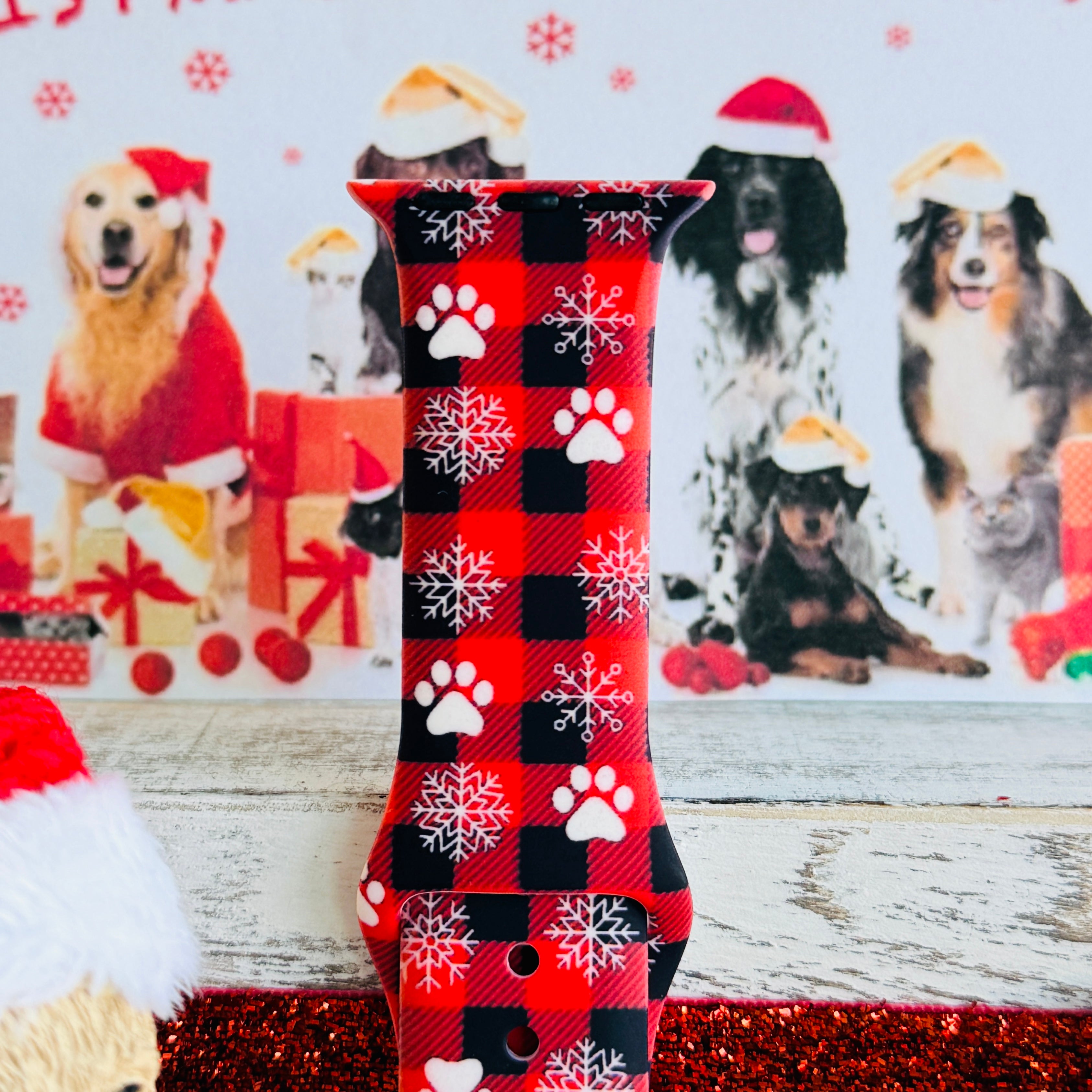 Pawliday Plaid Apple Watch band worn during Christmas pet photos and Santa Paws visit
