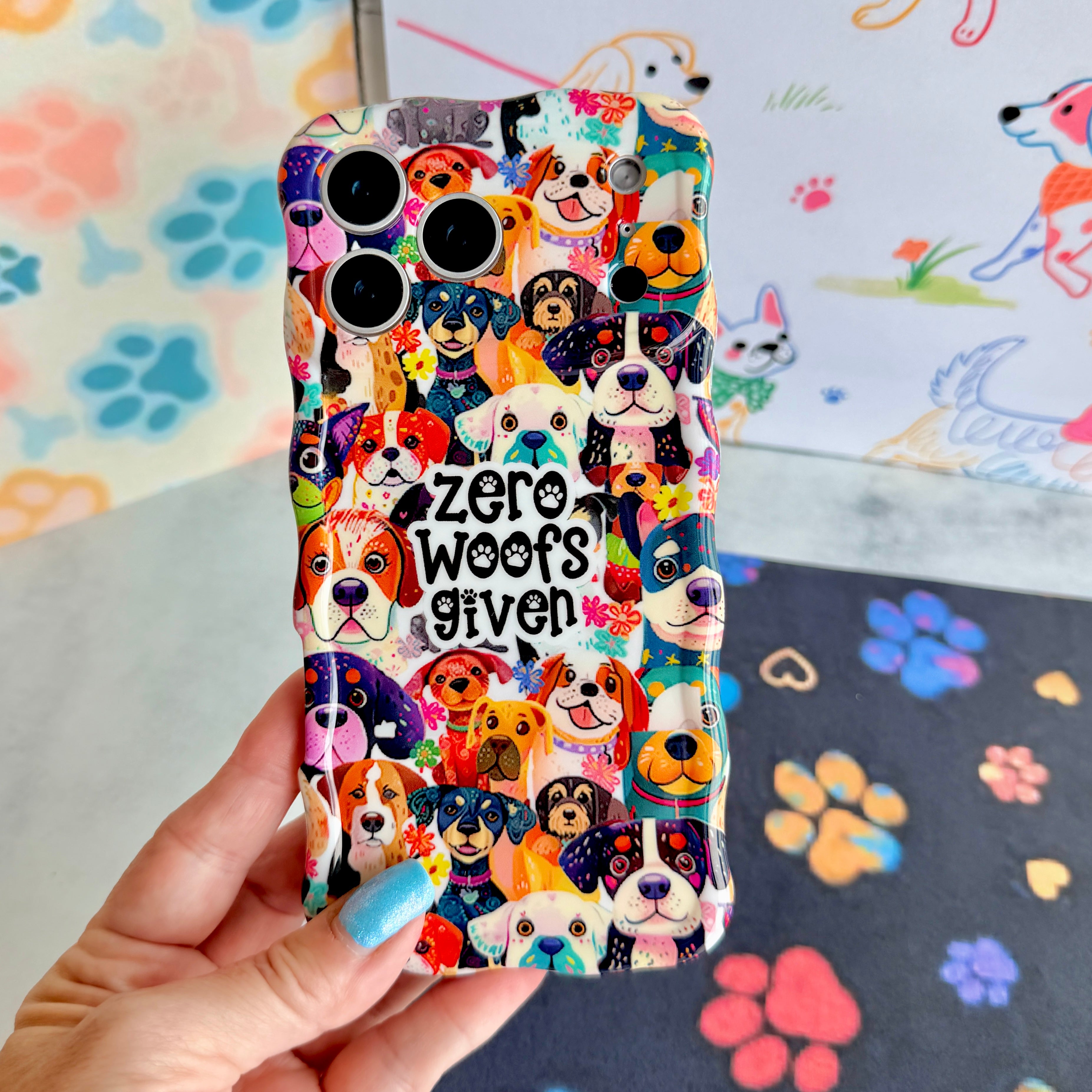 Zero Woofs Given Wavy Luxe MagSafe iPhone case with a colorful illustrated dog print design from Fancy Bands