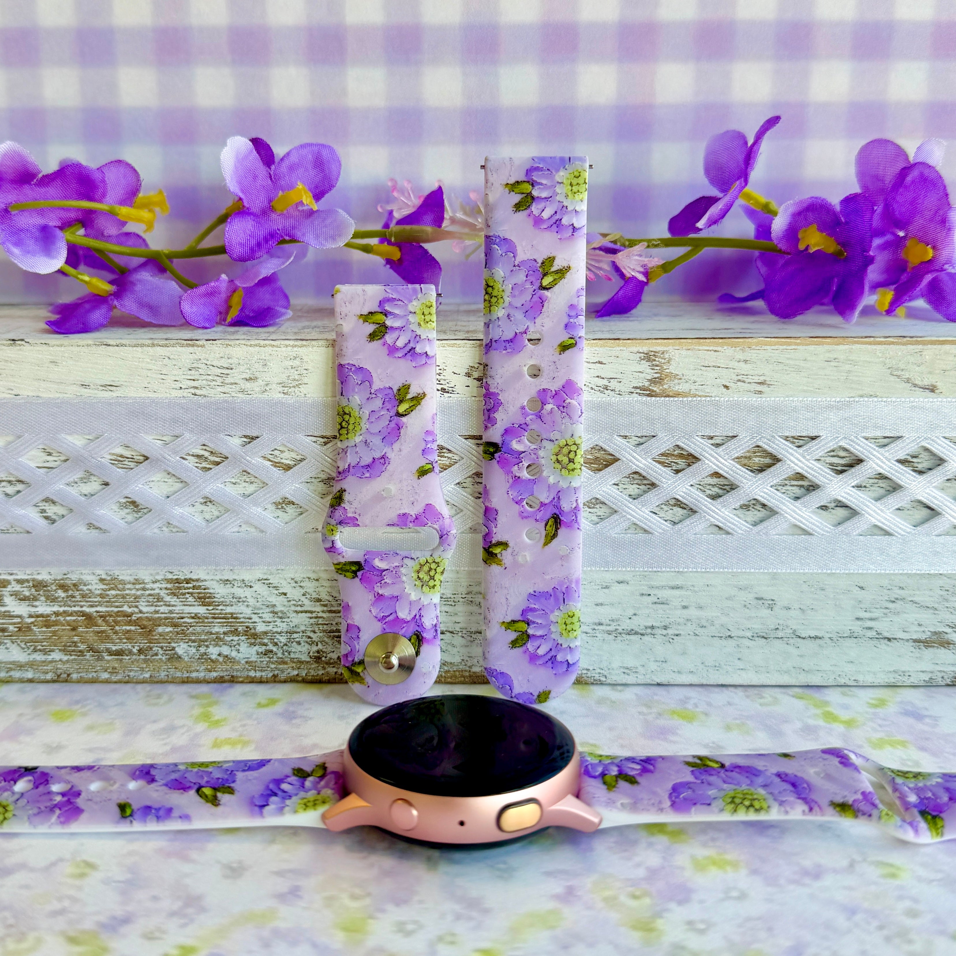 Purple Wildflower Print Silicone Band For Samsung Watch â ⨠Features Washable & sweat-ready â easy-clean silicone for gym, swim, and daily life.