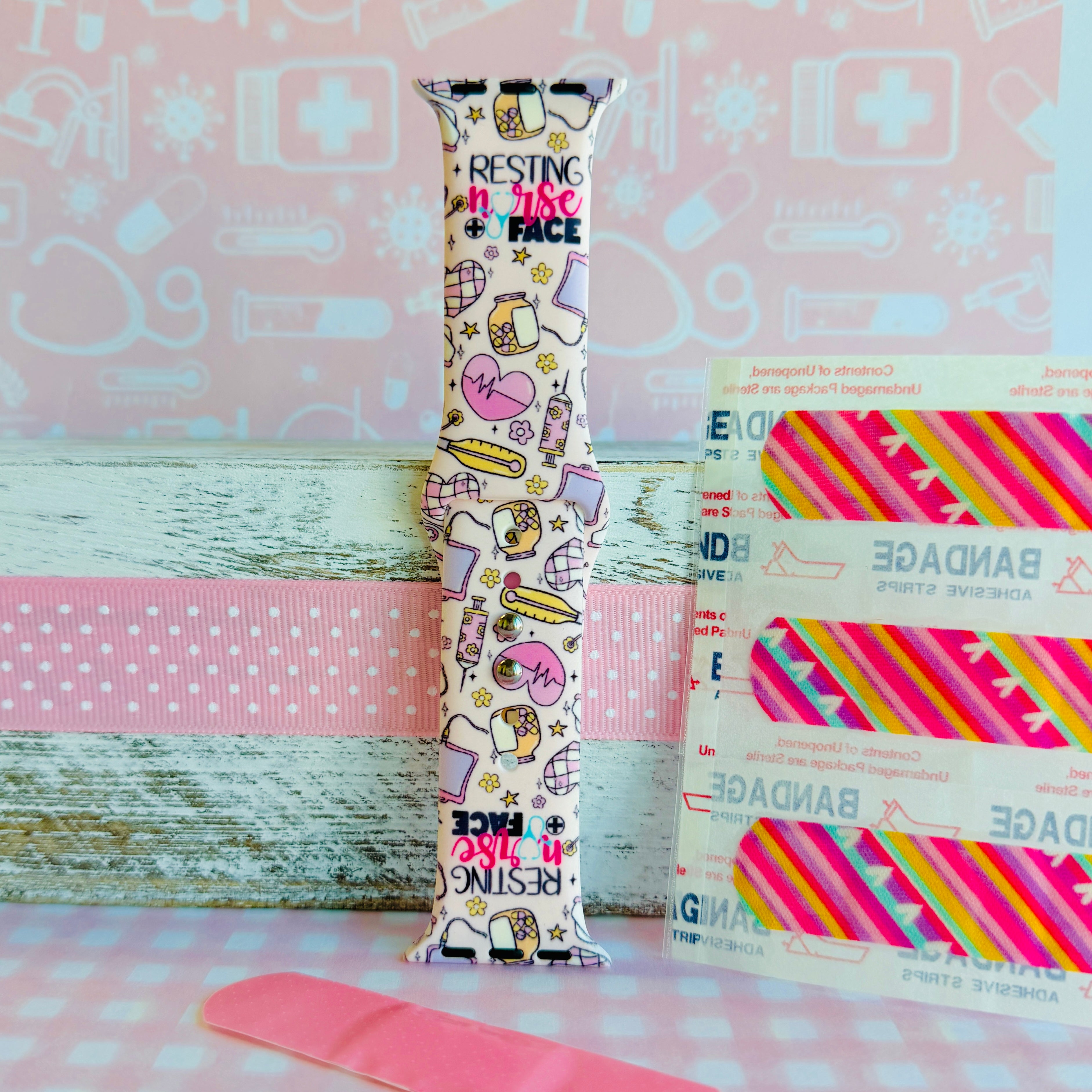 Resting Nurse Face Apple Watch band with coffee cups, stethoscopes, and medical icons on cream background