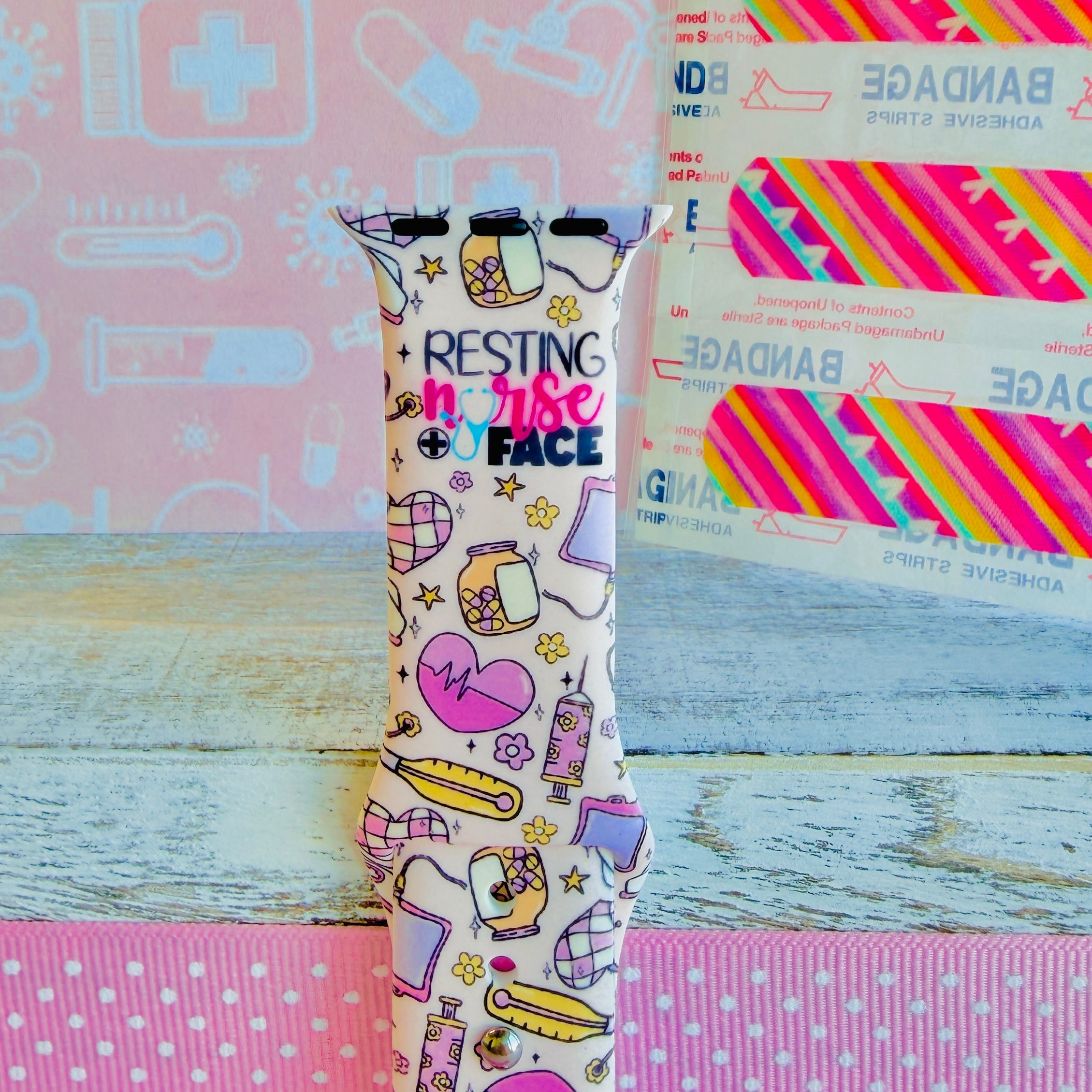 Resting Nurse Face Apple Watch band with coffee cups, stethoscopes, and medical icons on cream background