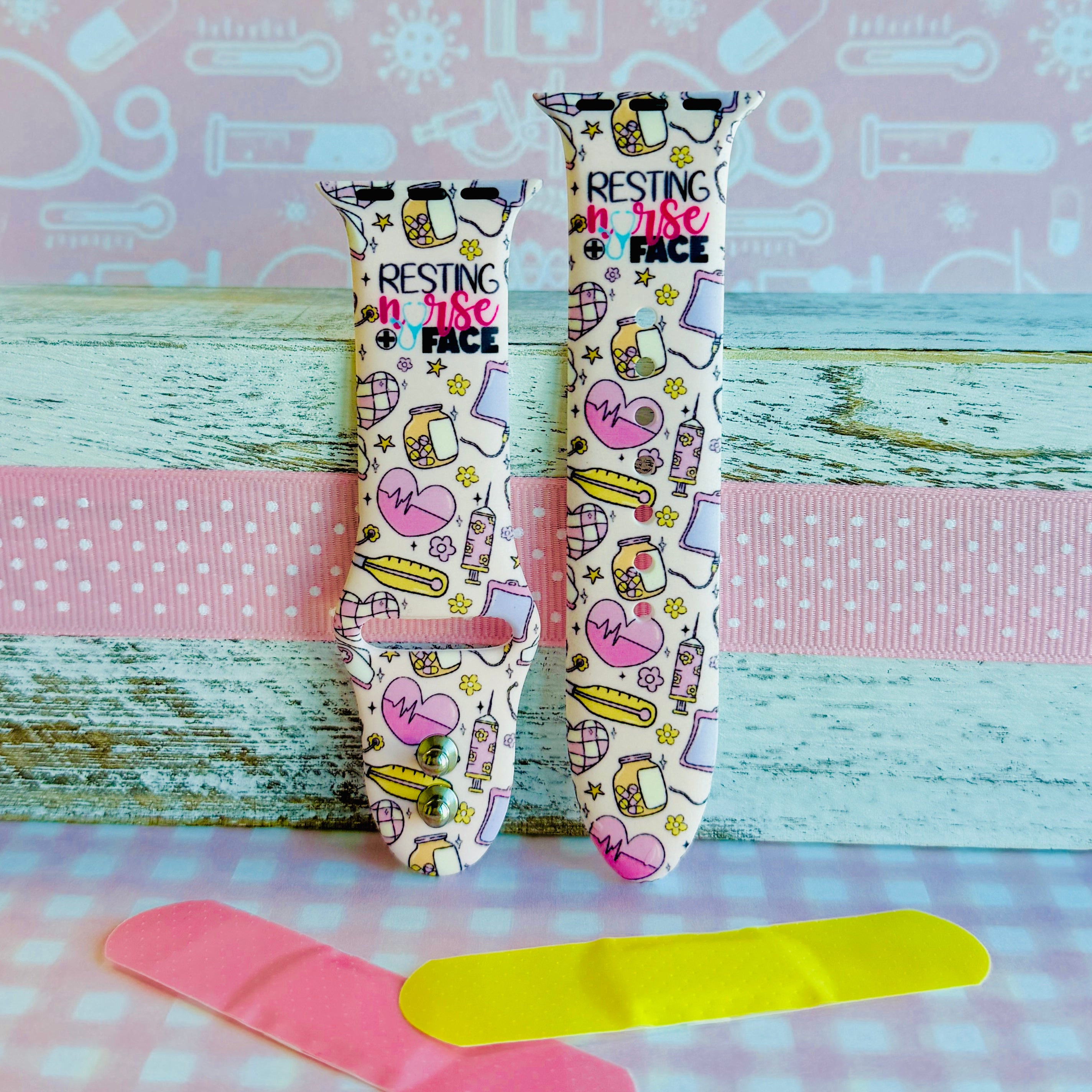 Resting Nurse Face Apple Watch band with coffee cups, stethoscopes, and medical icons on cream background