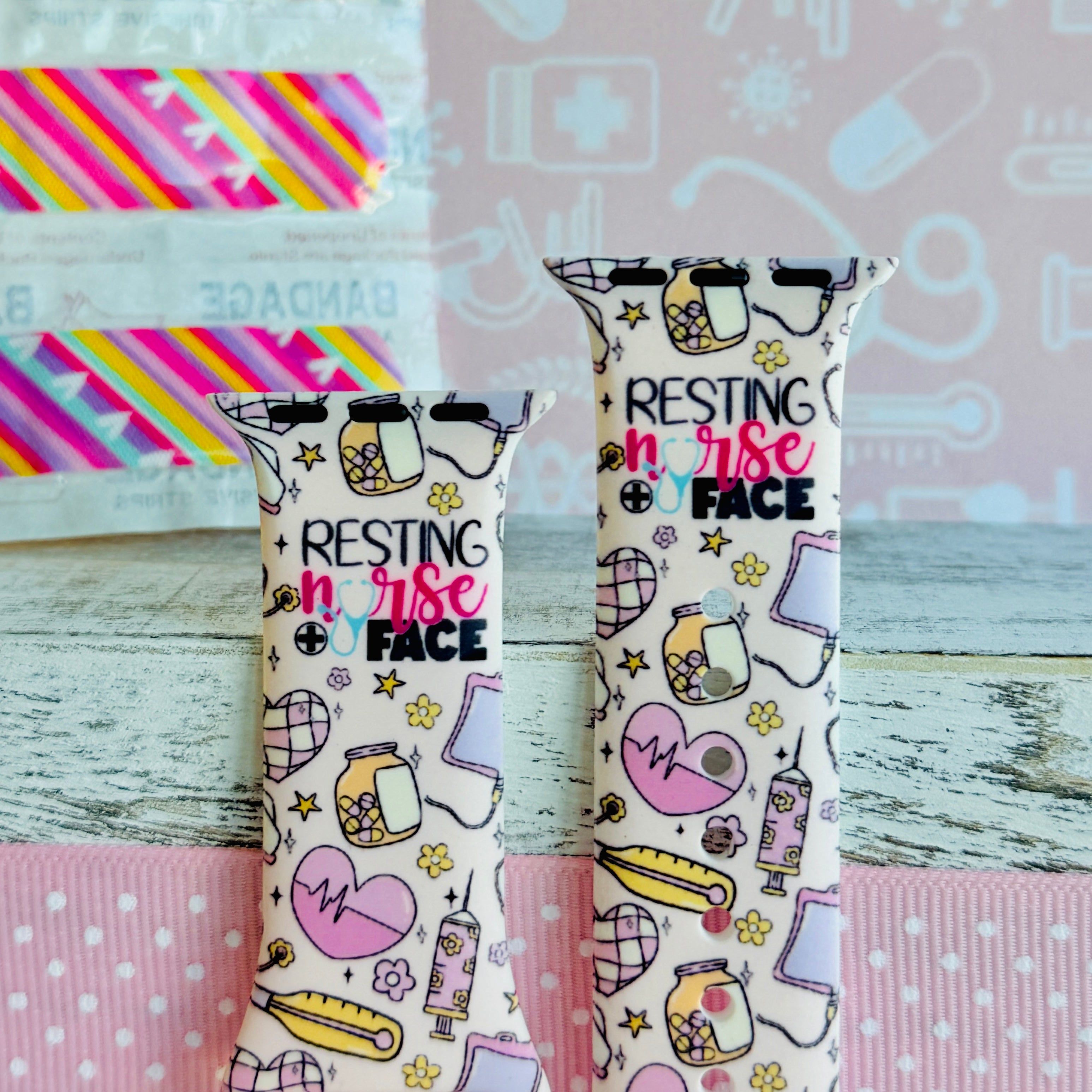 Resting Nurse Face Apple Watch band with coffee cups, stethoscopes, and medical icons on cream background