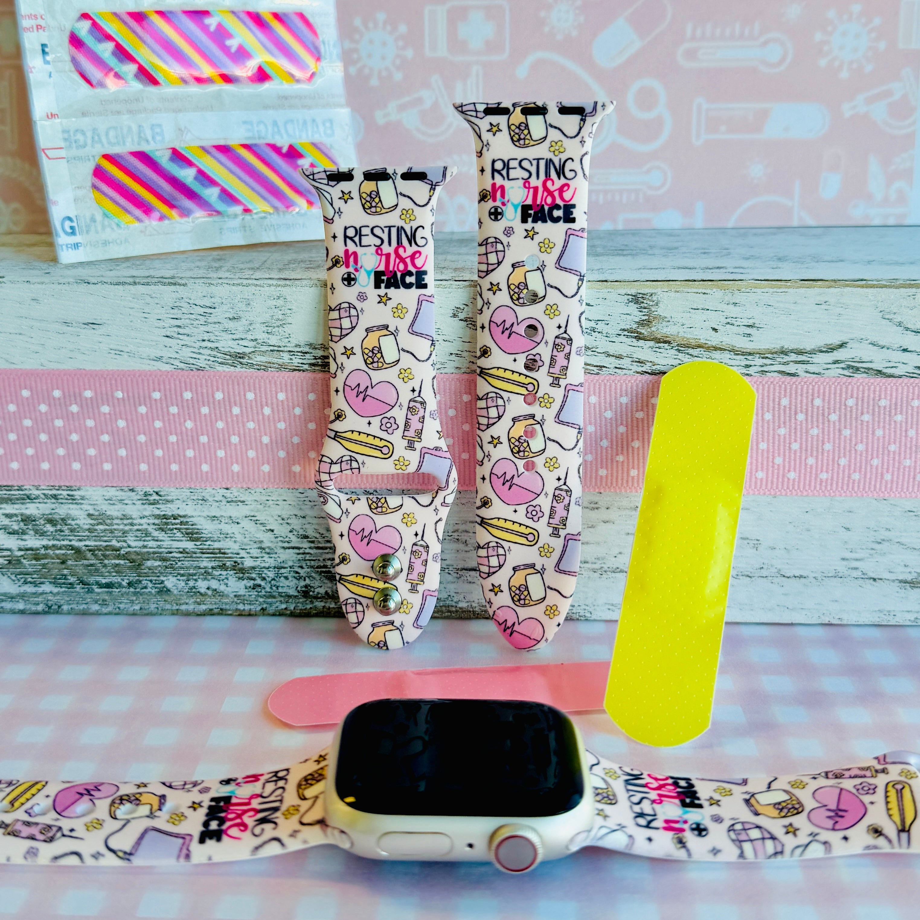 Resting Nurse Face Apple Watch band with coffee cups, stethoscopes, and medical icons on cream background