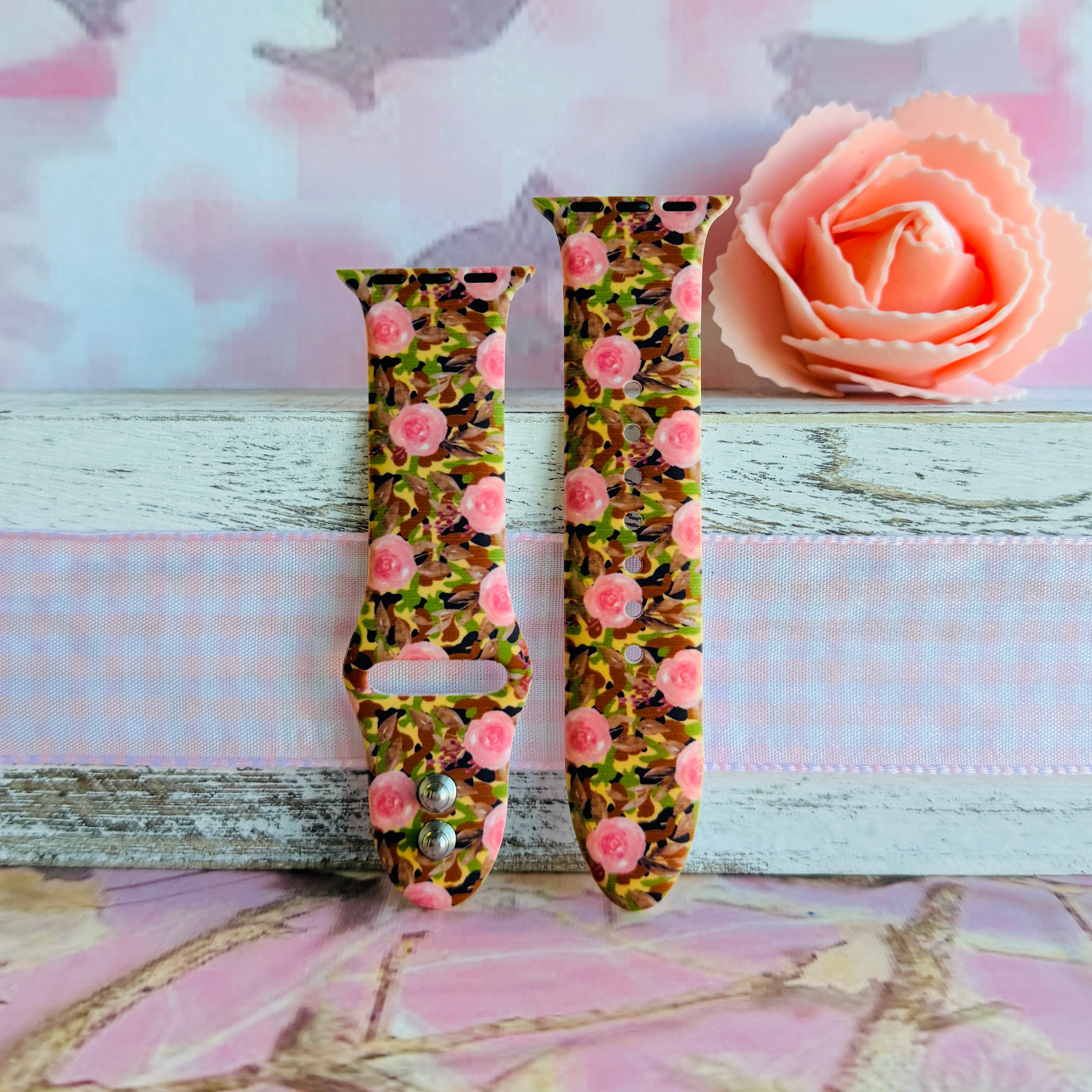 Sweet & Savage Apple Watch band with pink watercolor roses over camo print pattern with peach rose decoration