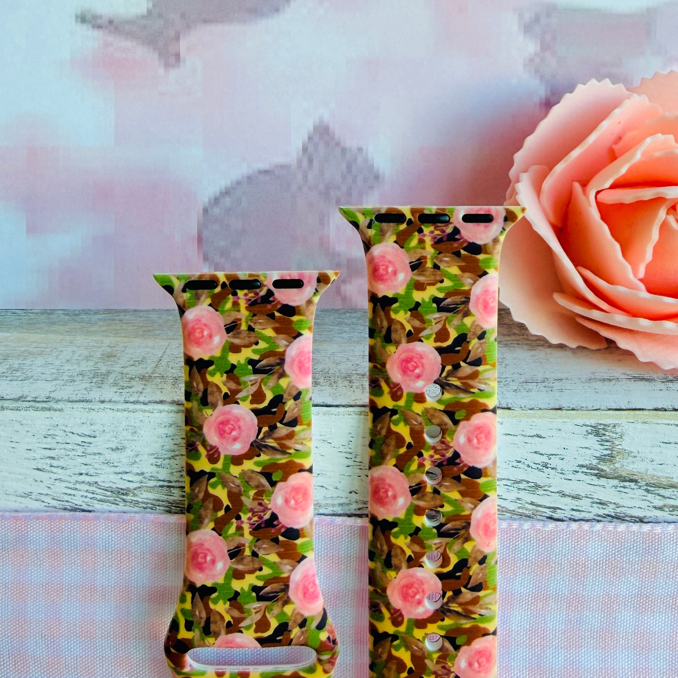 Sweet & Savage Apple Watch band with pink watercolor roses over camo print pattern with peach rose decoration