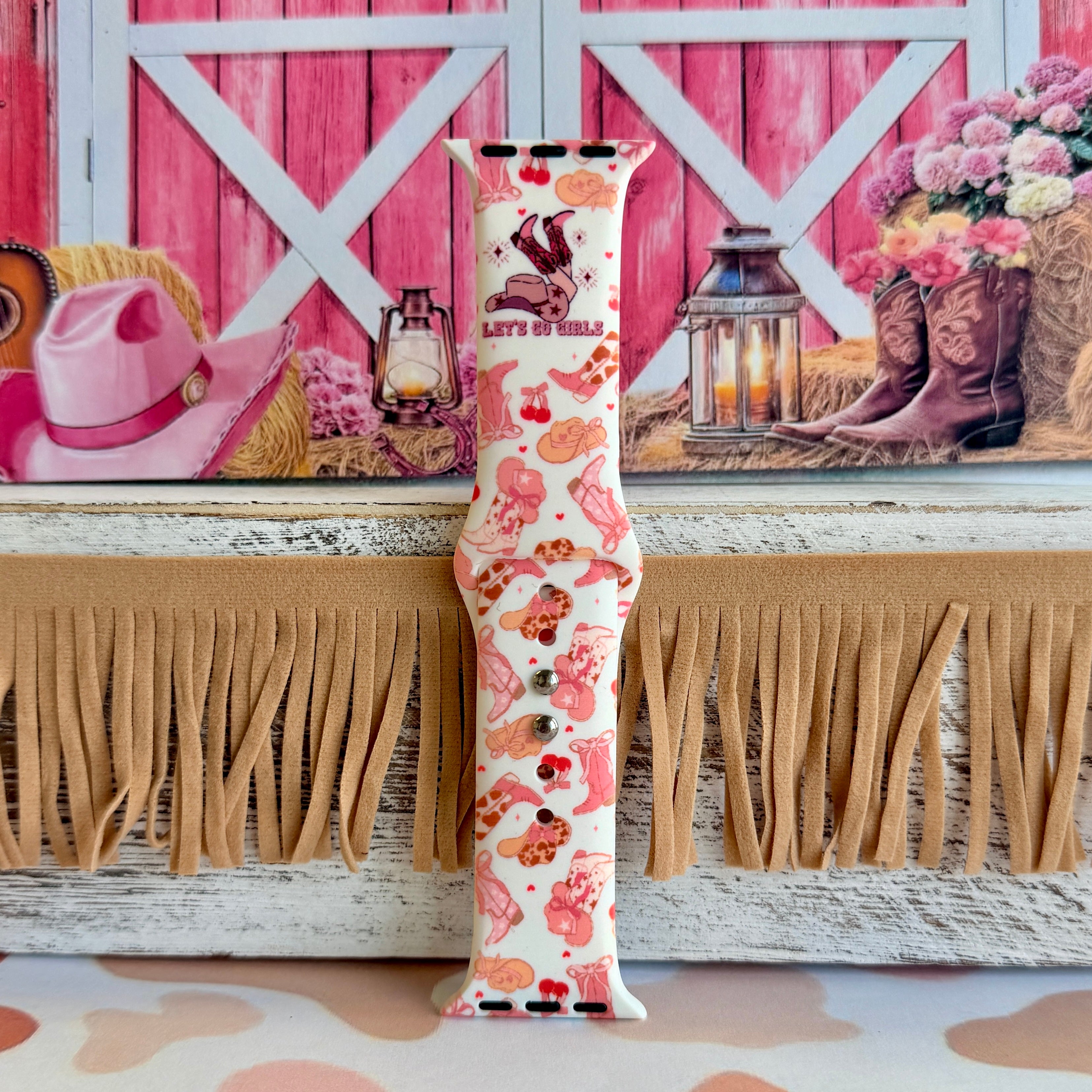 Let's Go Girls Apple Watch band with pink cowboy boots and western hats on mint background with barn decor