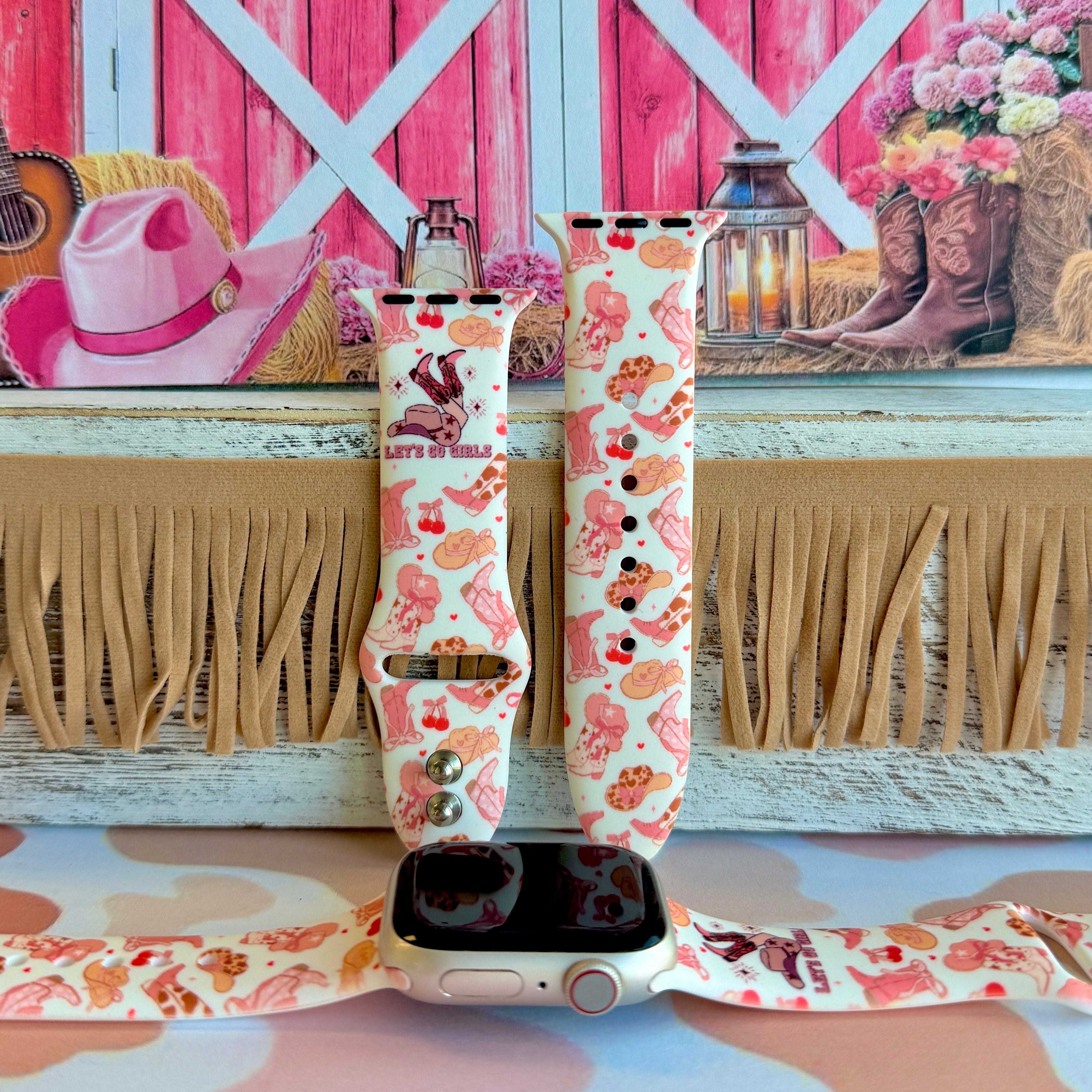 Let's Go Girls Apple Watch band with pink cowboy boots and western hats on mint background with barn decor