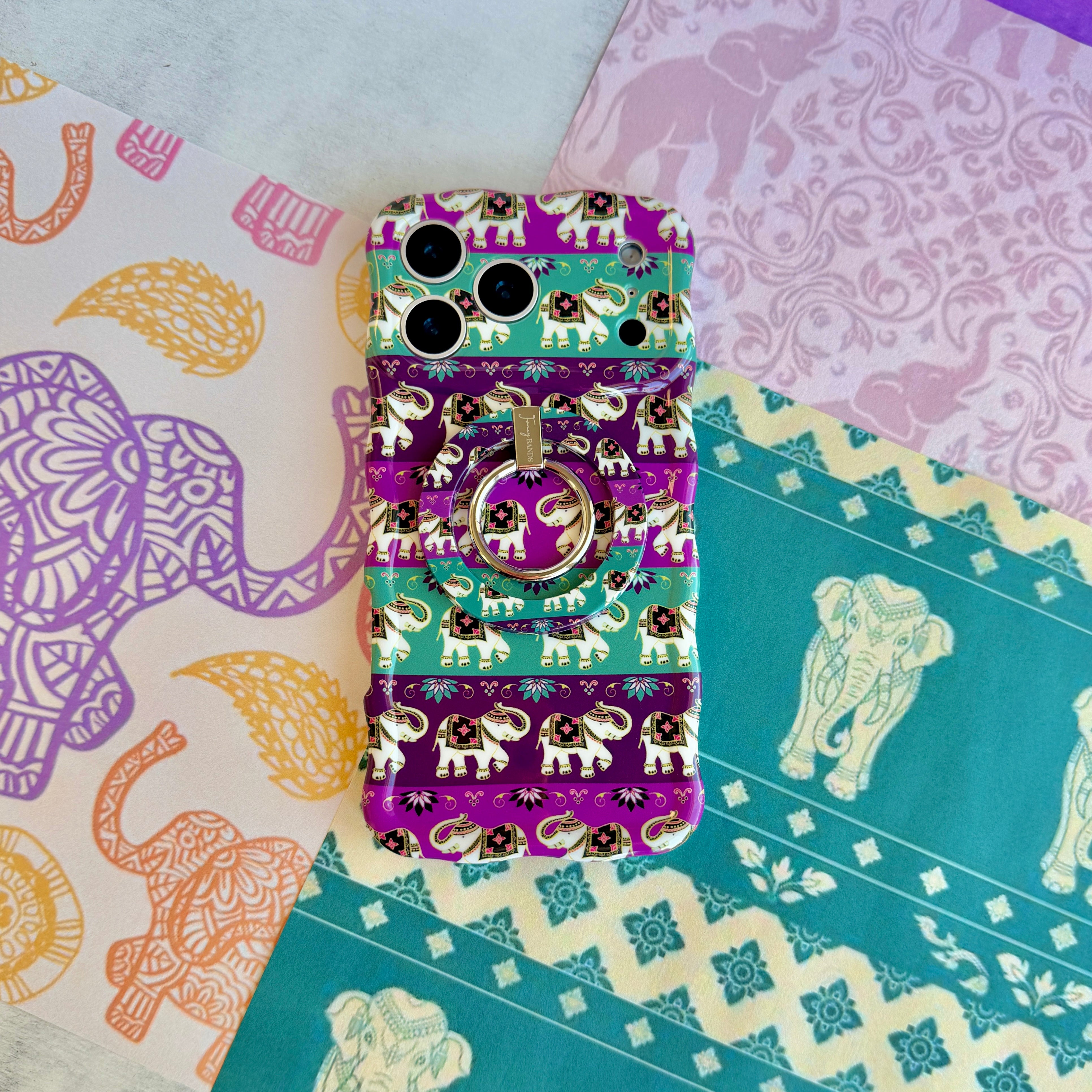 Fortune Parade Hold It Fancy MagSafe grip ring with a colorful boho elephant parade print from Fancy Bands