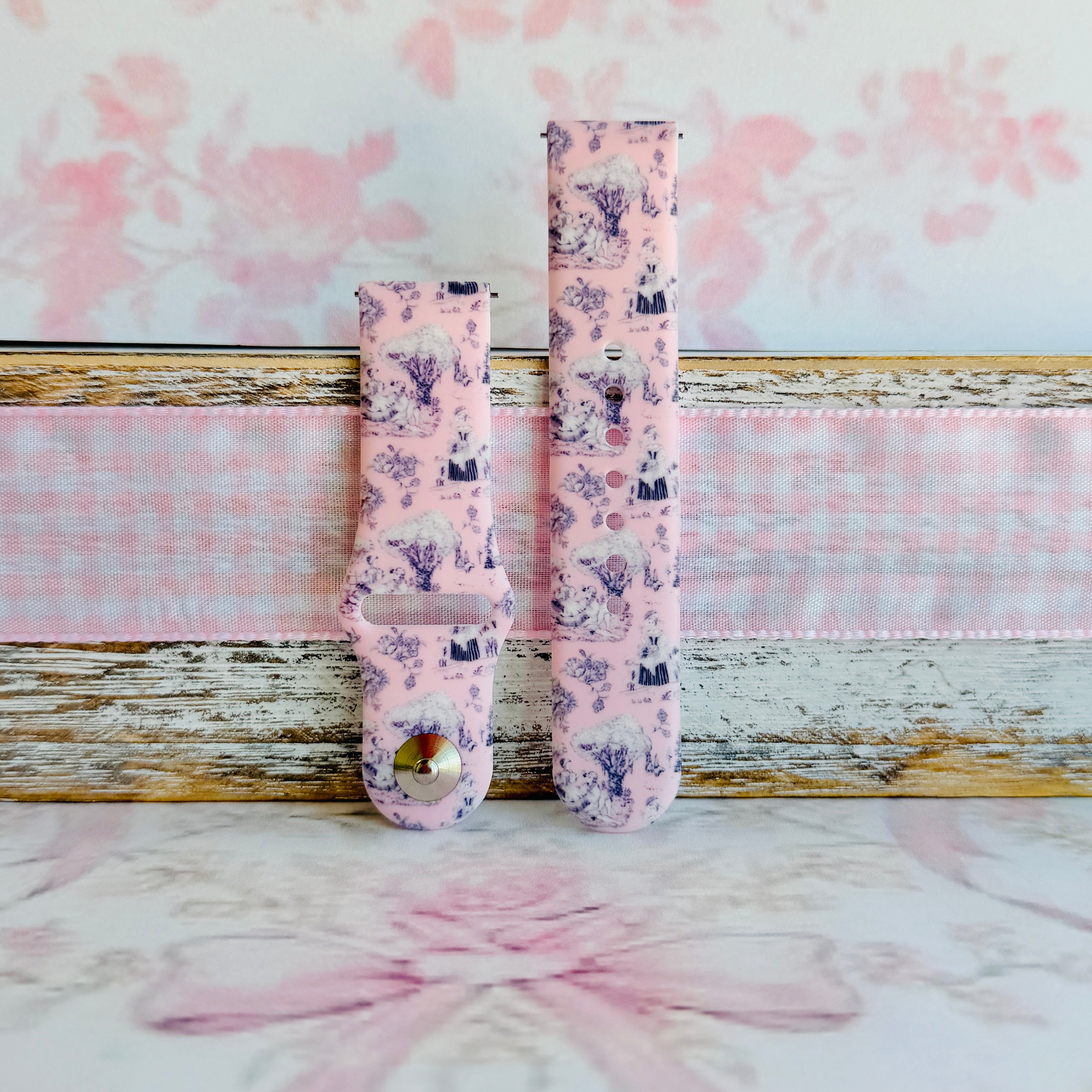 French Affair pink and navy toile de Jouy print silicone band for Samsung Galaxy Watch from Fancy Bands