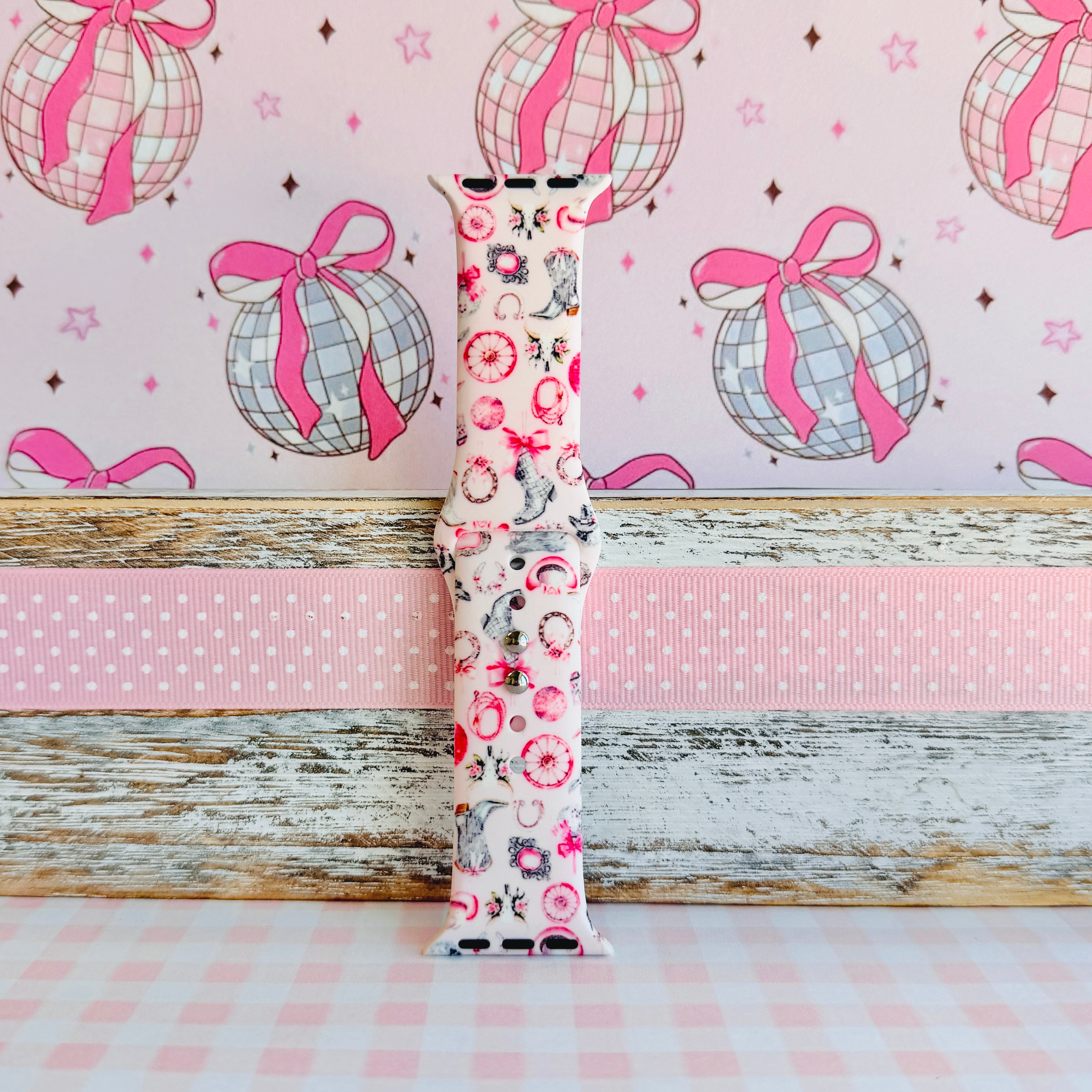 Disco Cowgirl pink western print silicone band for Apple Watch with cowboy boots and disco balls from Fancy Bands