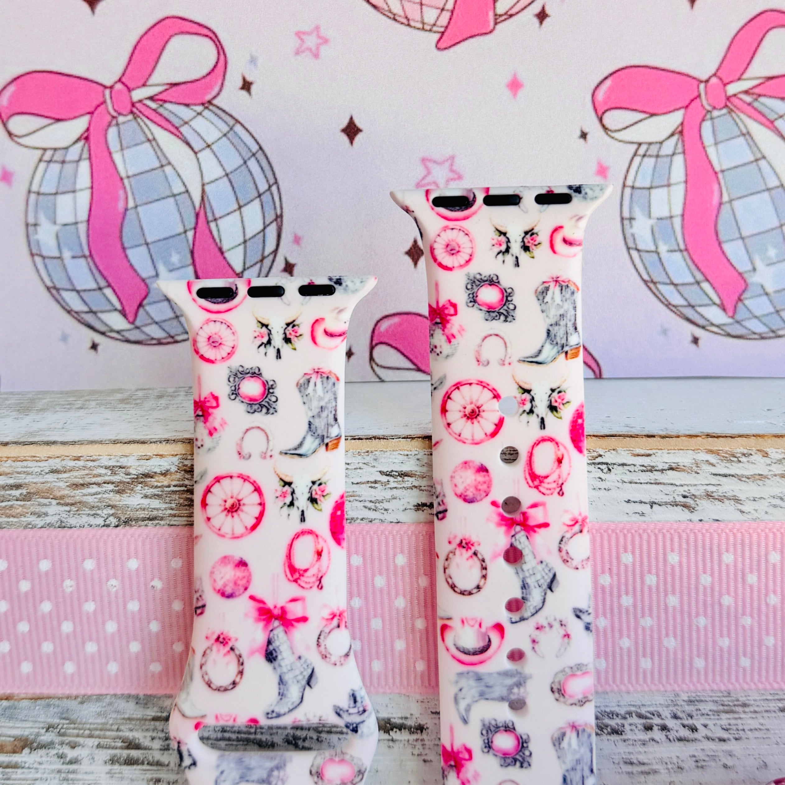 Disco Cowgirl pink western print silicone band for Apple Watch with cowboy boots and disco balls from Fancy Bands
