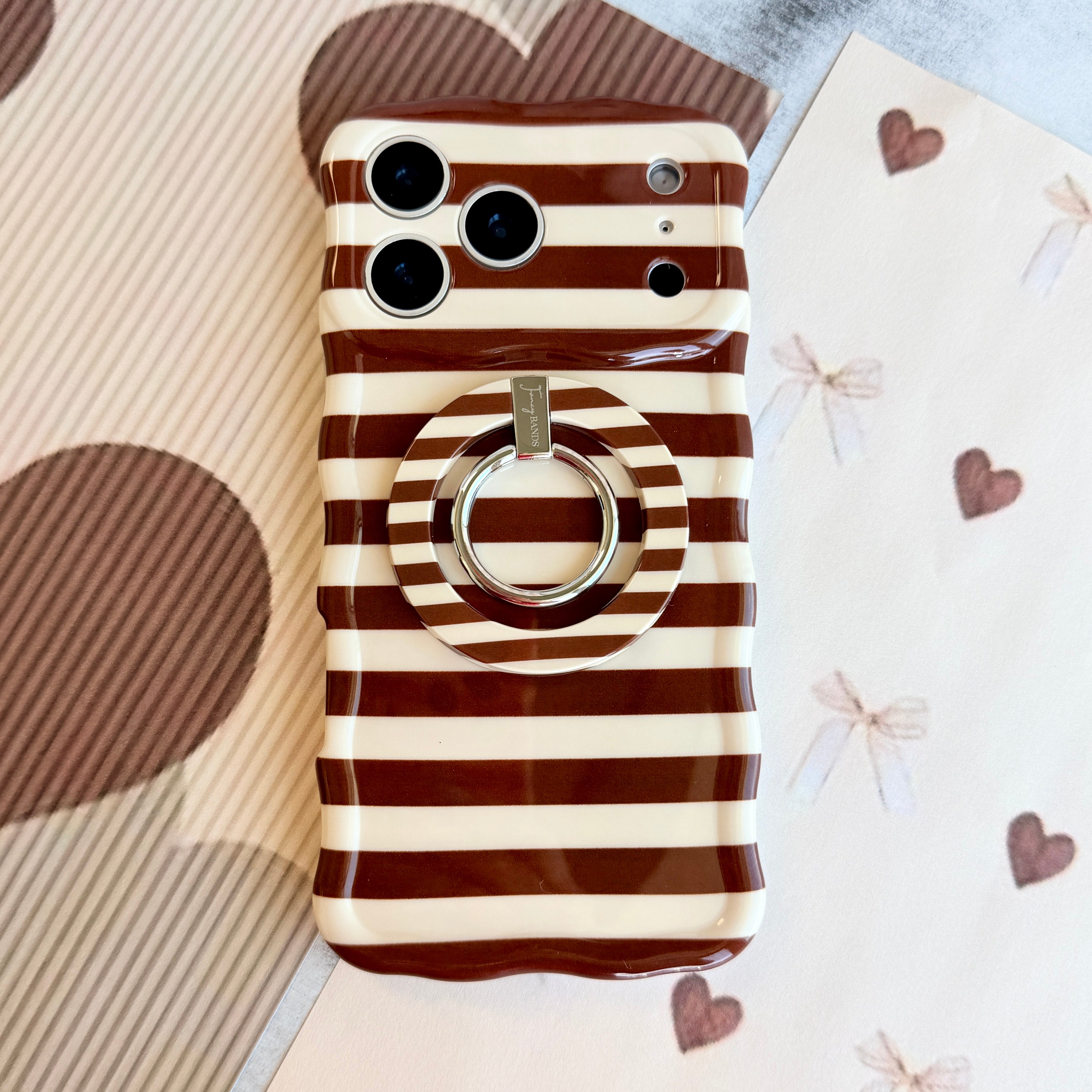Sweet Espresso Stripes Hold It Fancy MagSafe grip ring with a brown and cream striped print from Fancy Bands
