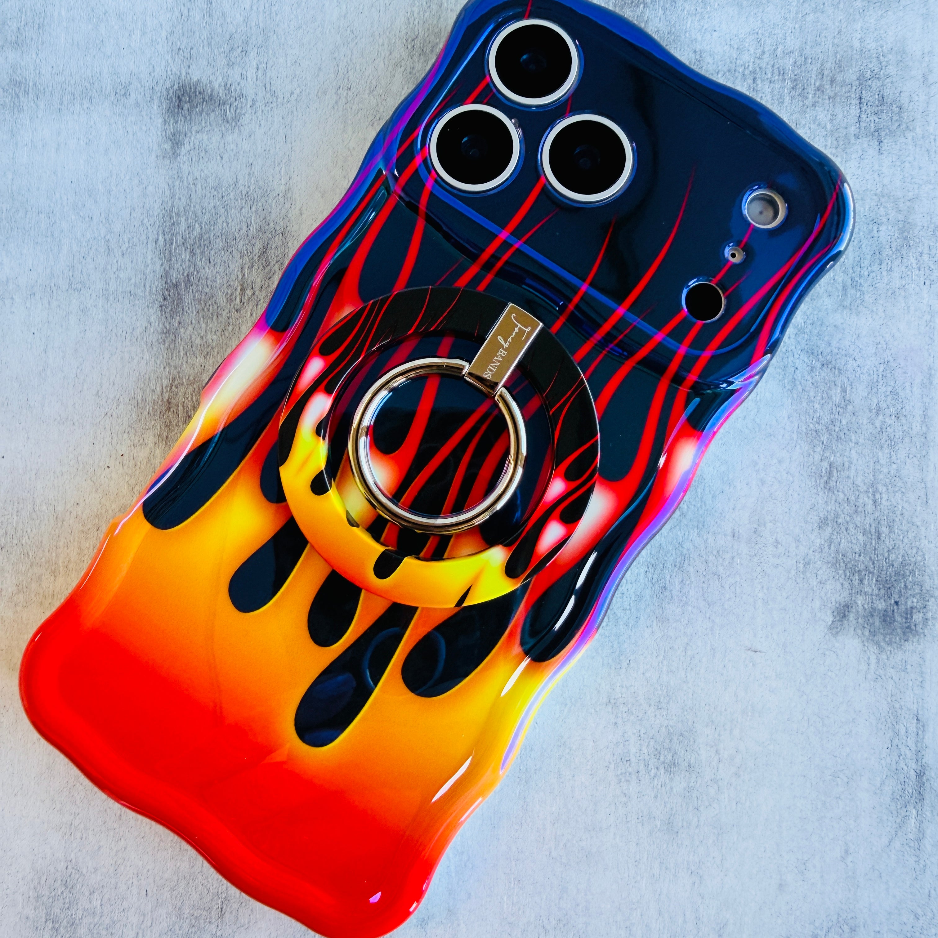 Hot Rod Flame pattern MagSafe phone grip ring and stand with silver ring, compatible with iPhone and Samsung