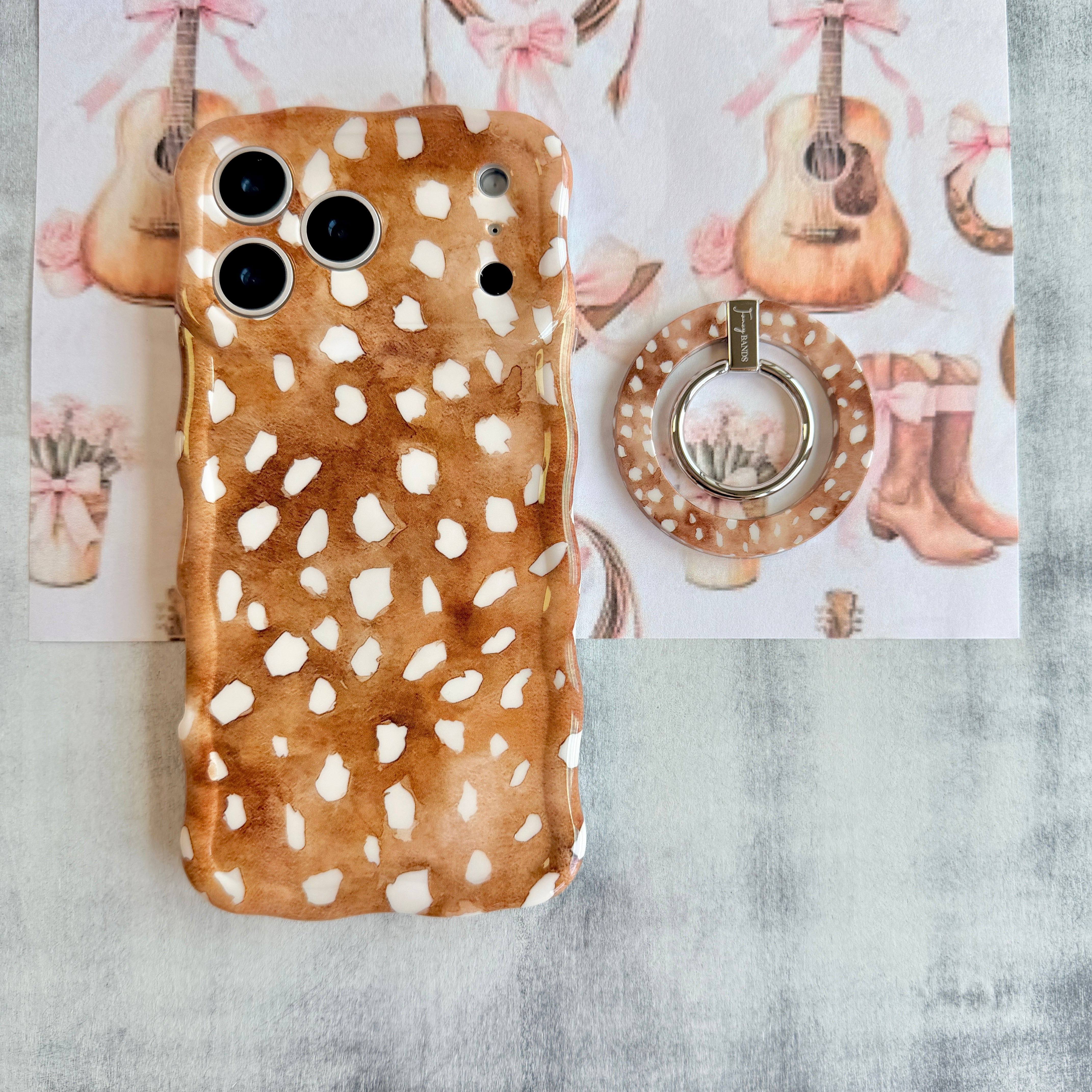 Whiskey Fawn pattern MagSafe phone grip ring with watercolor brown base and creamy white deer spots compatible with iPhone and Samsung
