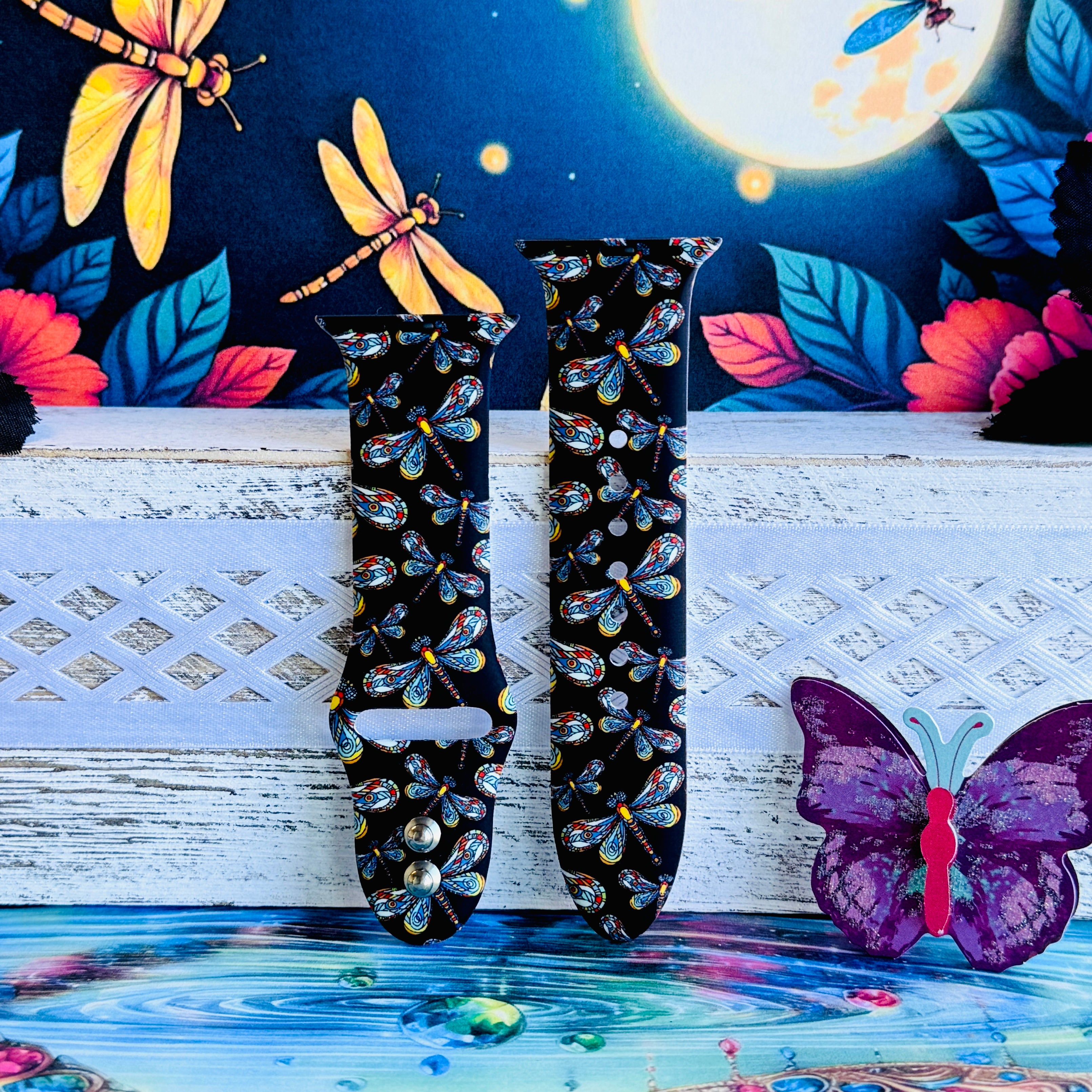 Dragonfly Dreams Apple Watch band with colorful paisley-wing dragonflies on black background with moon and nature backdrop