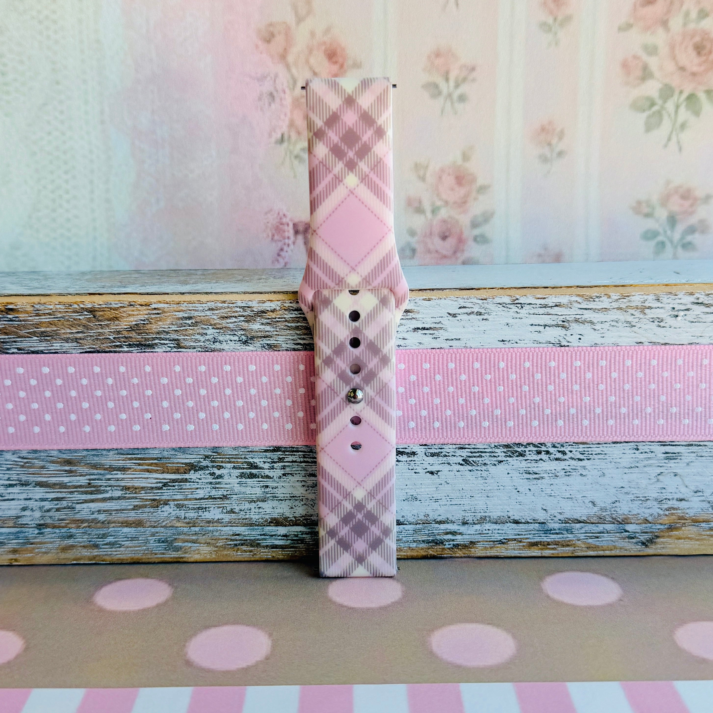 Pink Cashmere Plaid soft pink, cream and taupe plaid silicone band for Samsung Galaxy Watch from Fancy Bands