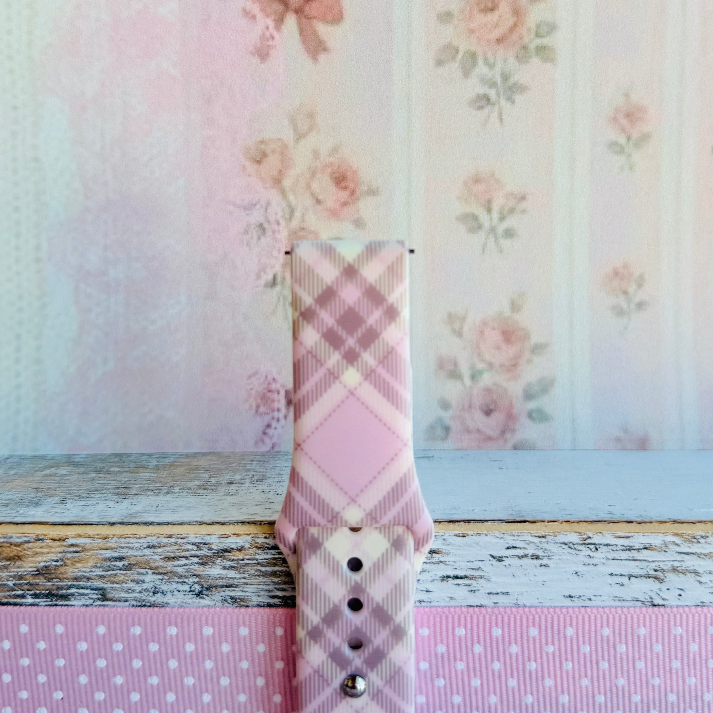 Pink Cashmere Plaid soft pink, cream and taupe plaid silicone band for Samsung Galaxy Watch from Fancy Bands
