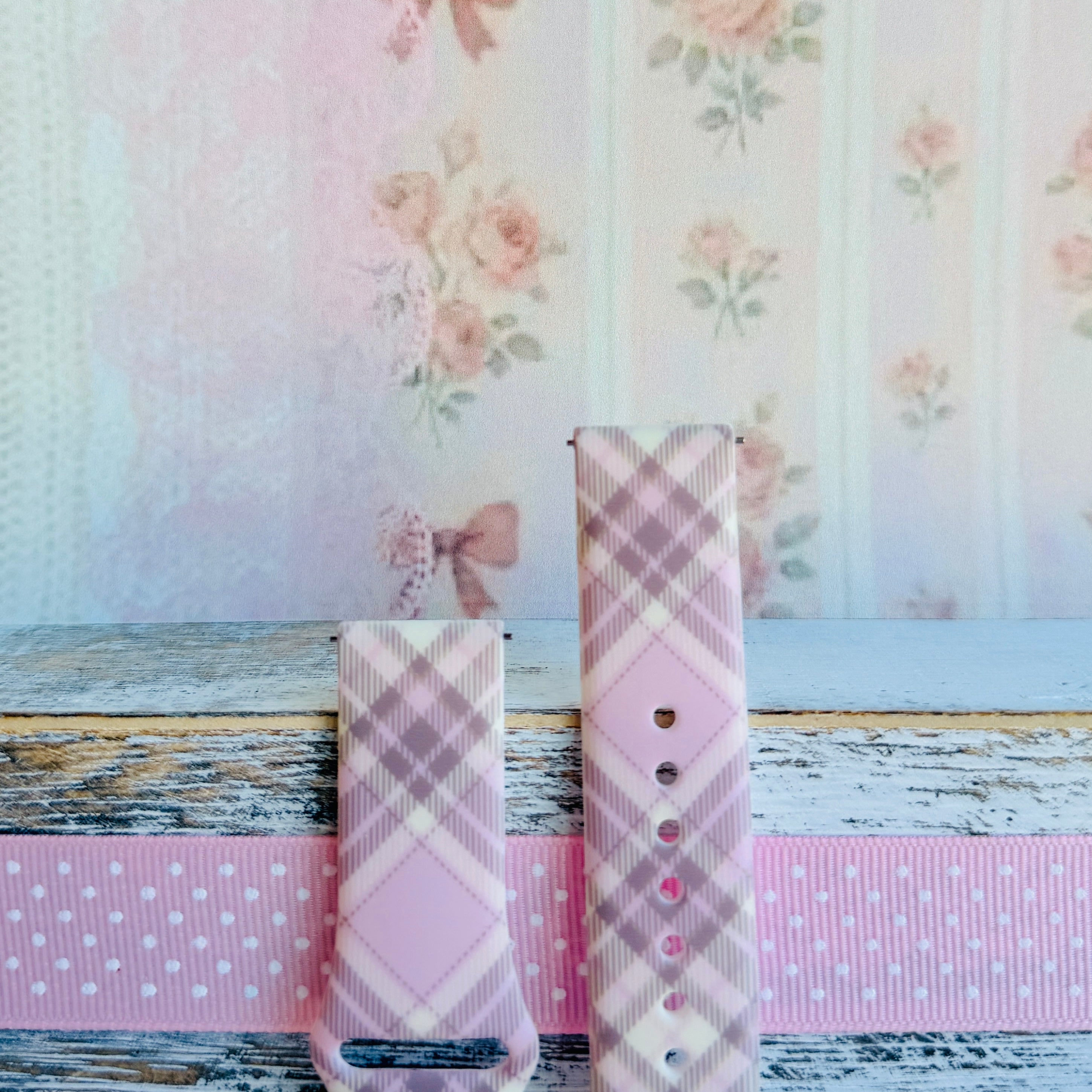 Pink Cashmere Plaid soft pink, cream and taupe plaid silicone band for Samsung Galaxy Watch from Fancy Bands