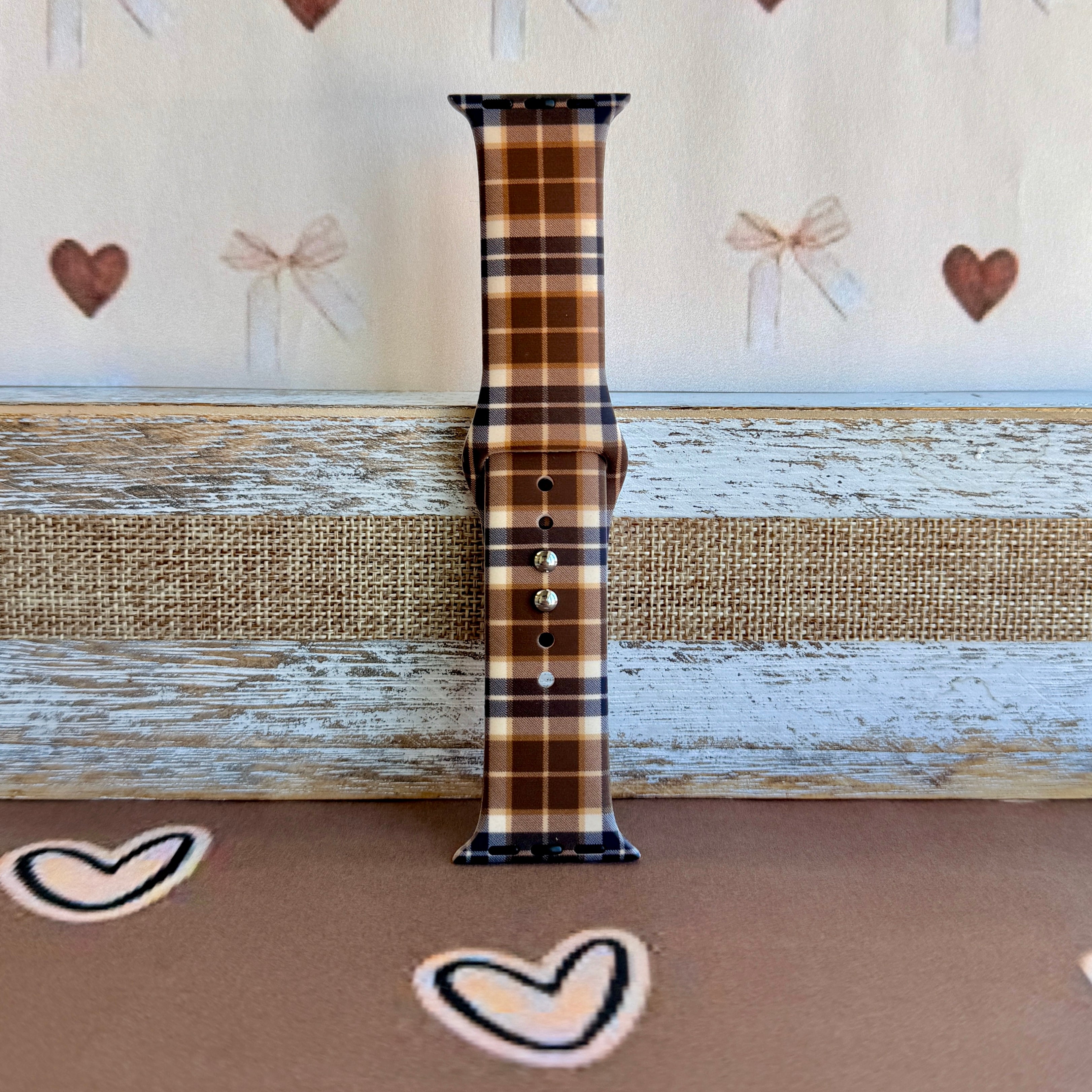 Toffee Tartan brown, tan and cream plaid silicone band for Apple Watch from Fancy Bands