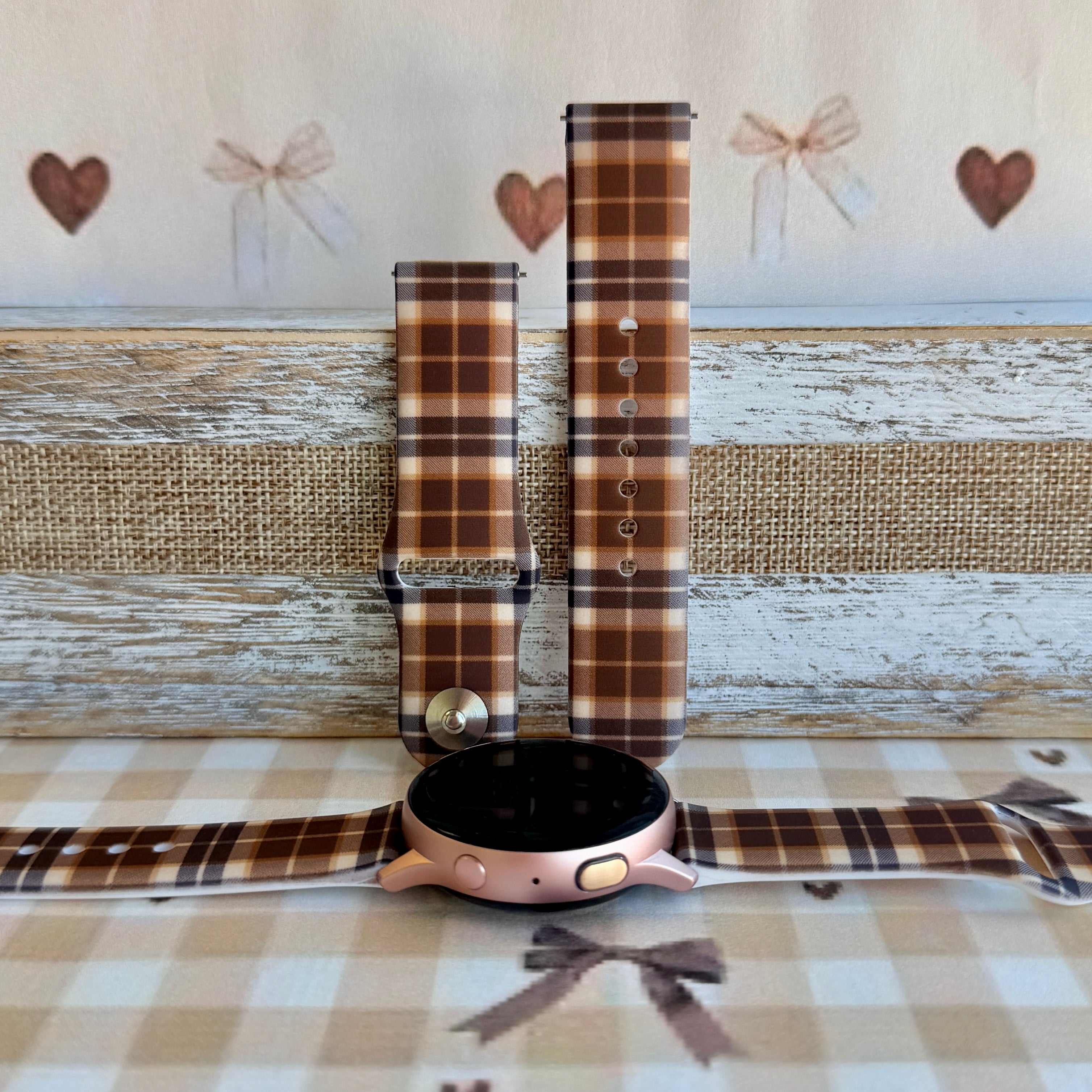 Toffee Tartan brown, tan and cream plaid silicone band for Samsung Galaxy Watch from Fancy Bands