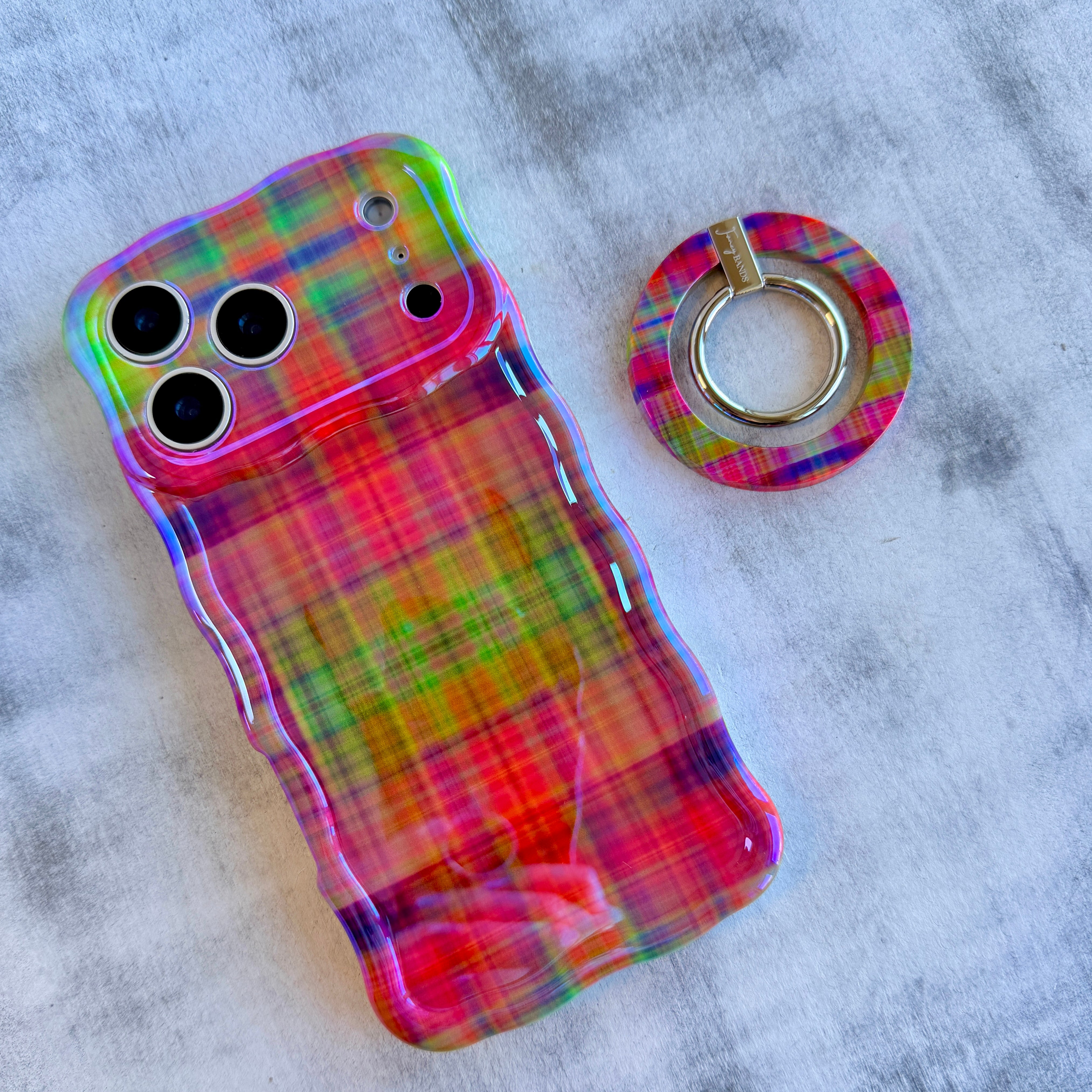 Hazy Tartan multi-colored plaid pattern MagSafe phone grip ring and stand compatible with iPhone and Samsung