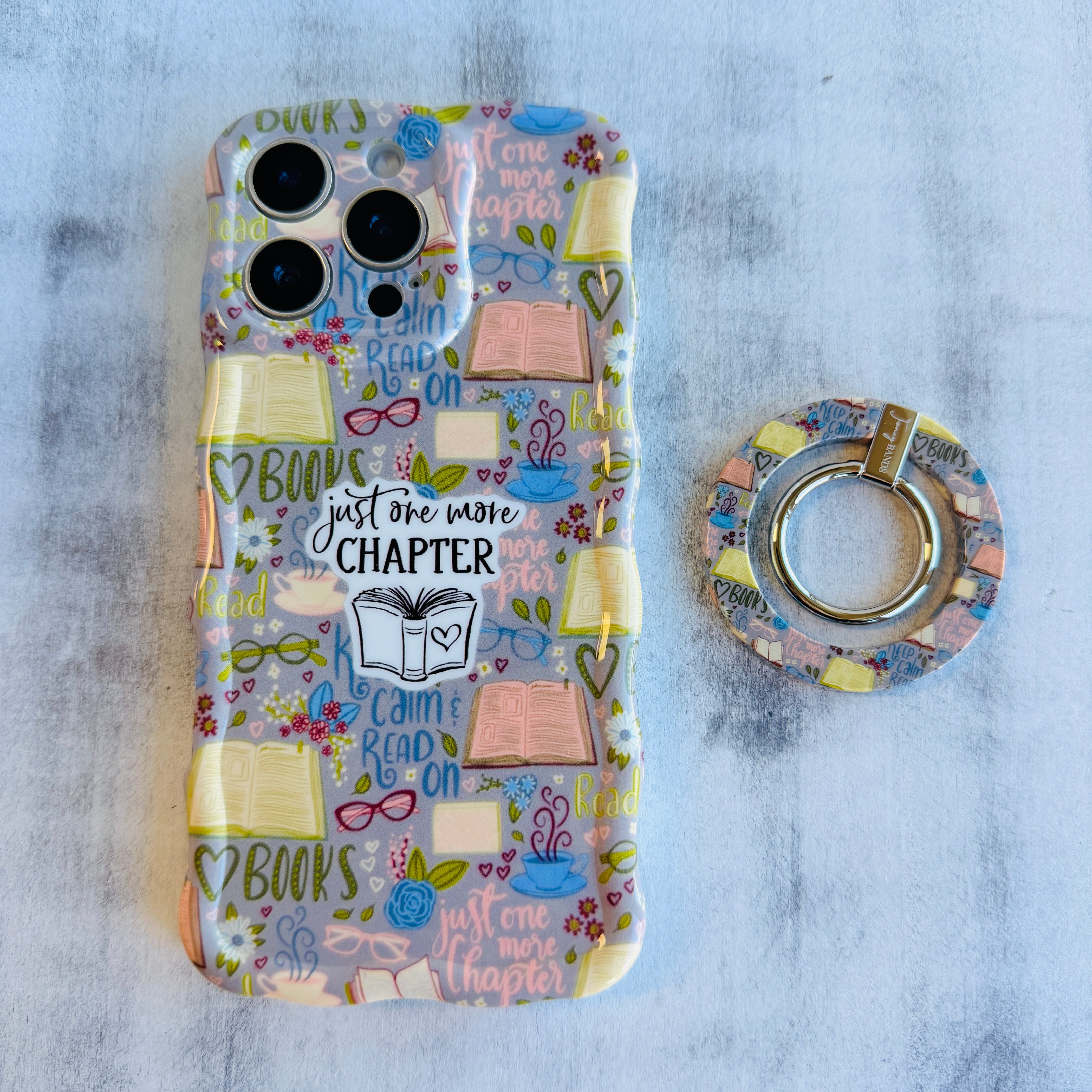 Book lover themed MagSafe phone grip ring with books coffee and glasses pattern compatible with iPhone and Samsung