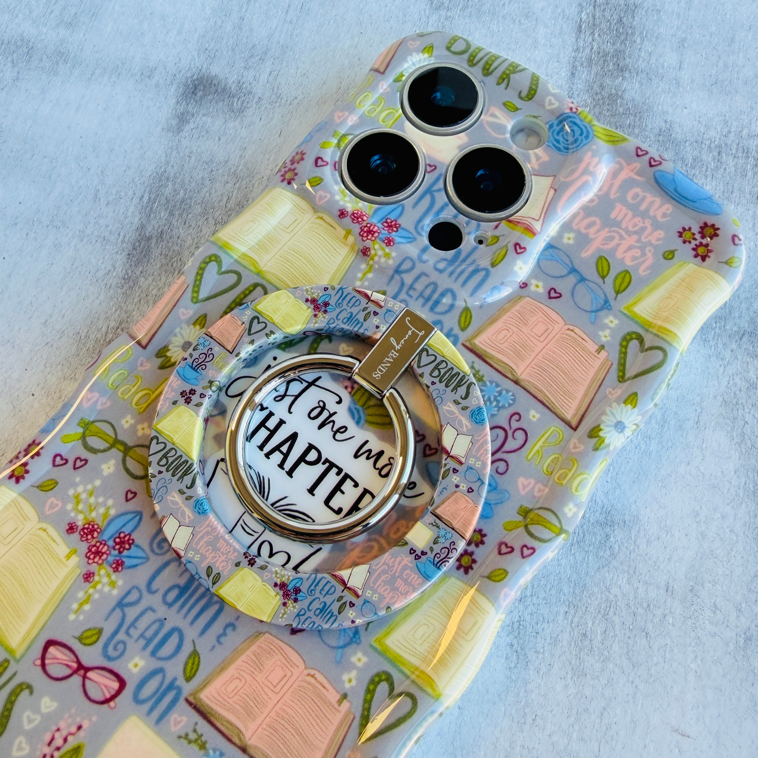 Book lover themed MagSafe phone grip ring with books coffee and glasses pattern compatible with iPhone and Samsung