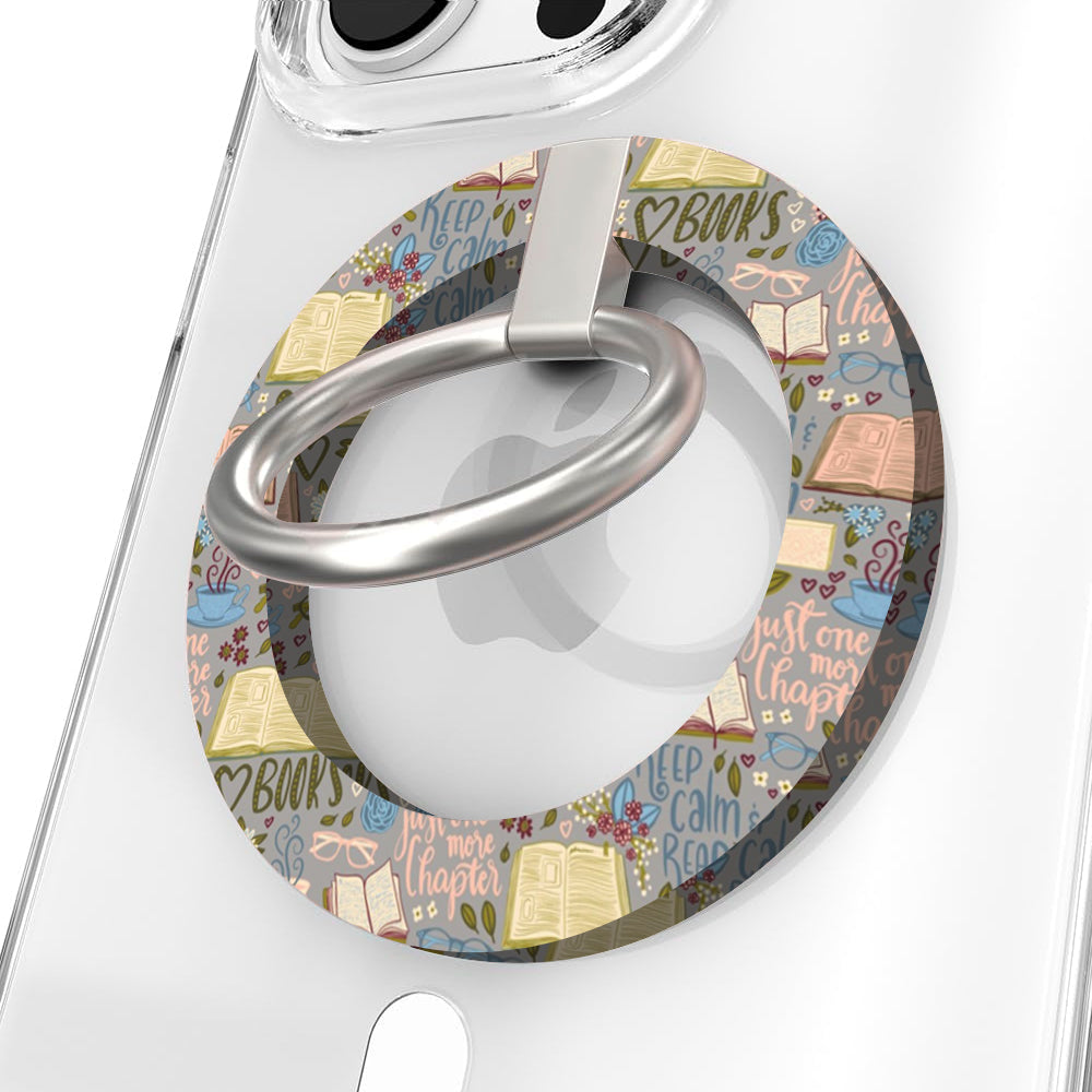 Book lover themed MagSafe phone grip ring with books coffee and glasses pattern compatible with iPhone and Samsung