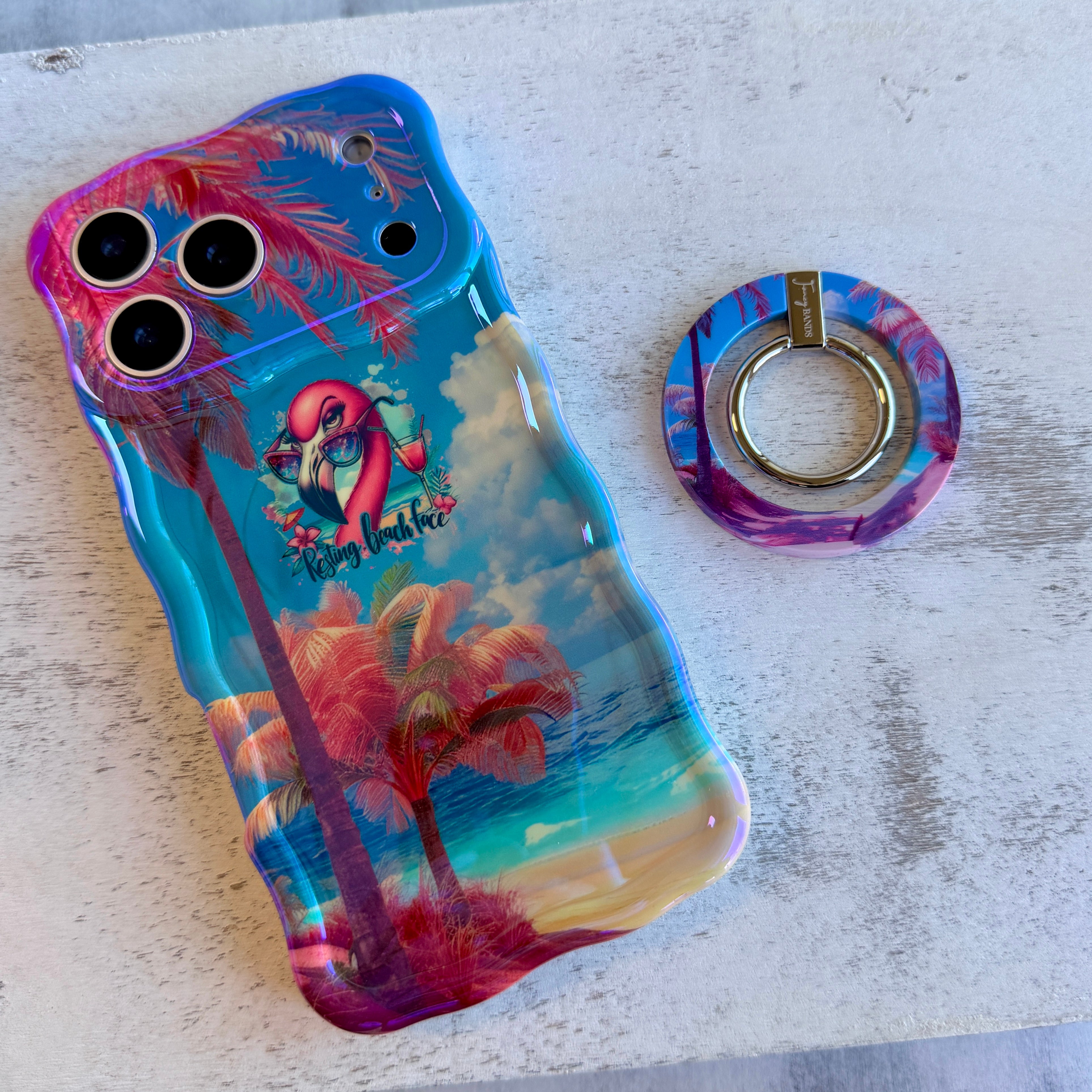 Resting Beach Face tropical beach scene MagSafe phone grip ring with pink sand and palm trees compatible with iPhone and Samsung