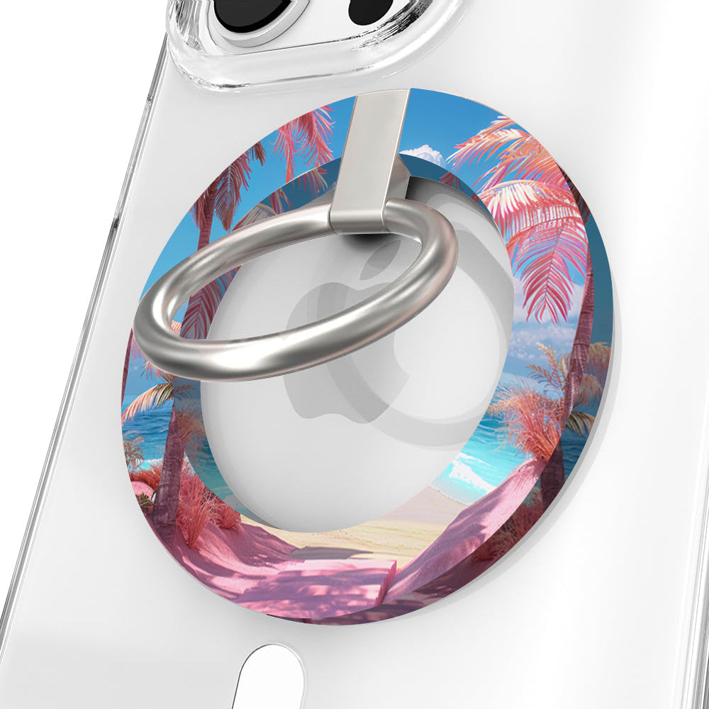 Resting Beach Face tropical beach scene MagSafe phone grip ring with pink sand and palm trees compatible with iPhone and Samsung