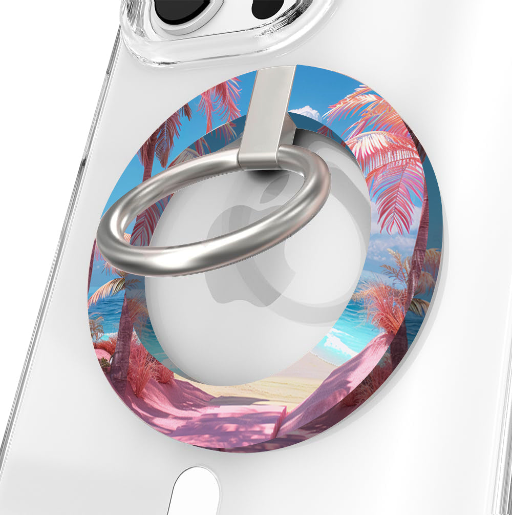 Resting Beach Face tropical beach scene MagSafe phone grip ring with pink sand and palm trees compatible with iPhone and Samsung