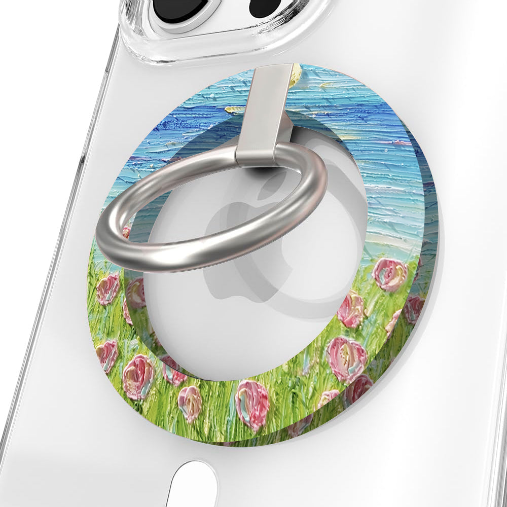 Coastal Bloom oil painting style MagSafe phone grip ring with blue sky and pink wildflowers compatible with iPhone and Samsung