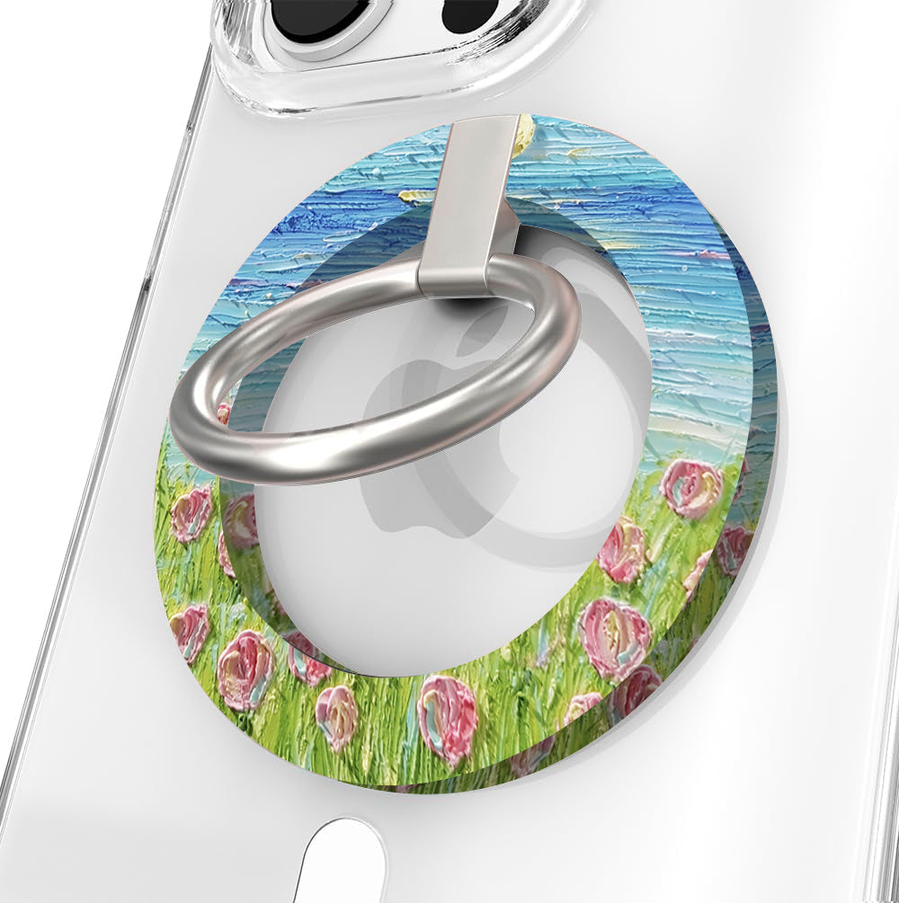 Coastal Bloom oil painting style MagSafe phone grip ring with blue sky and pink wildflowers compatible with iPhone and Samsung