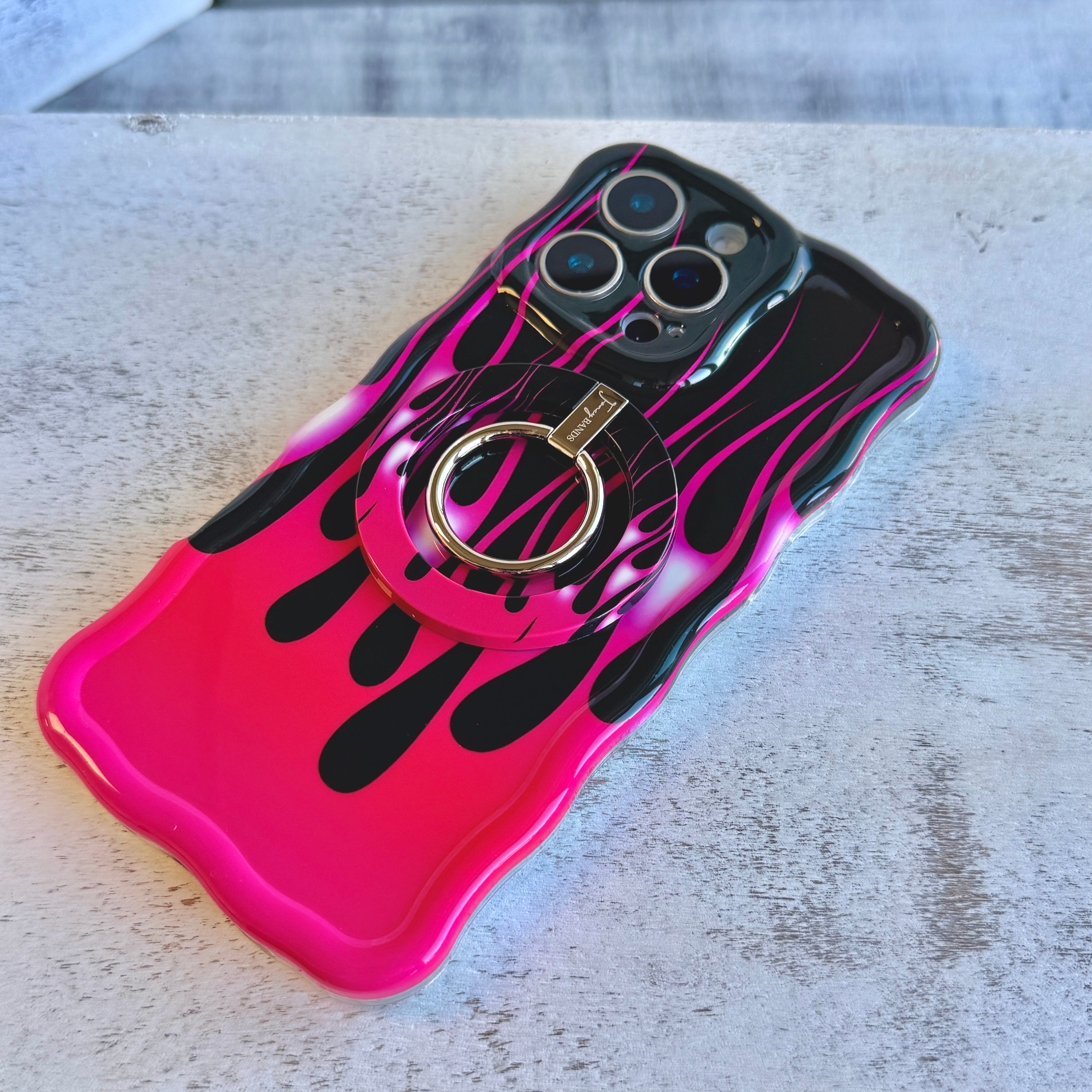 Hot Rod Pink Flame pattern MagSafe phone grip ring with neon pink fire on black background compatible with iPhone and Samsung