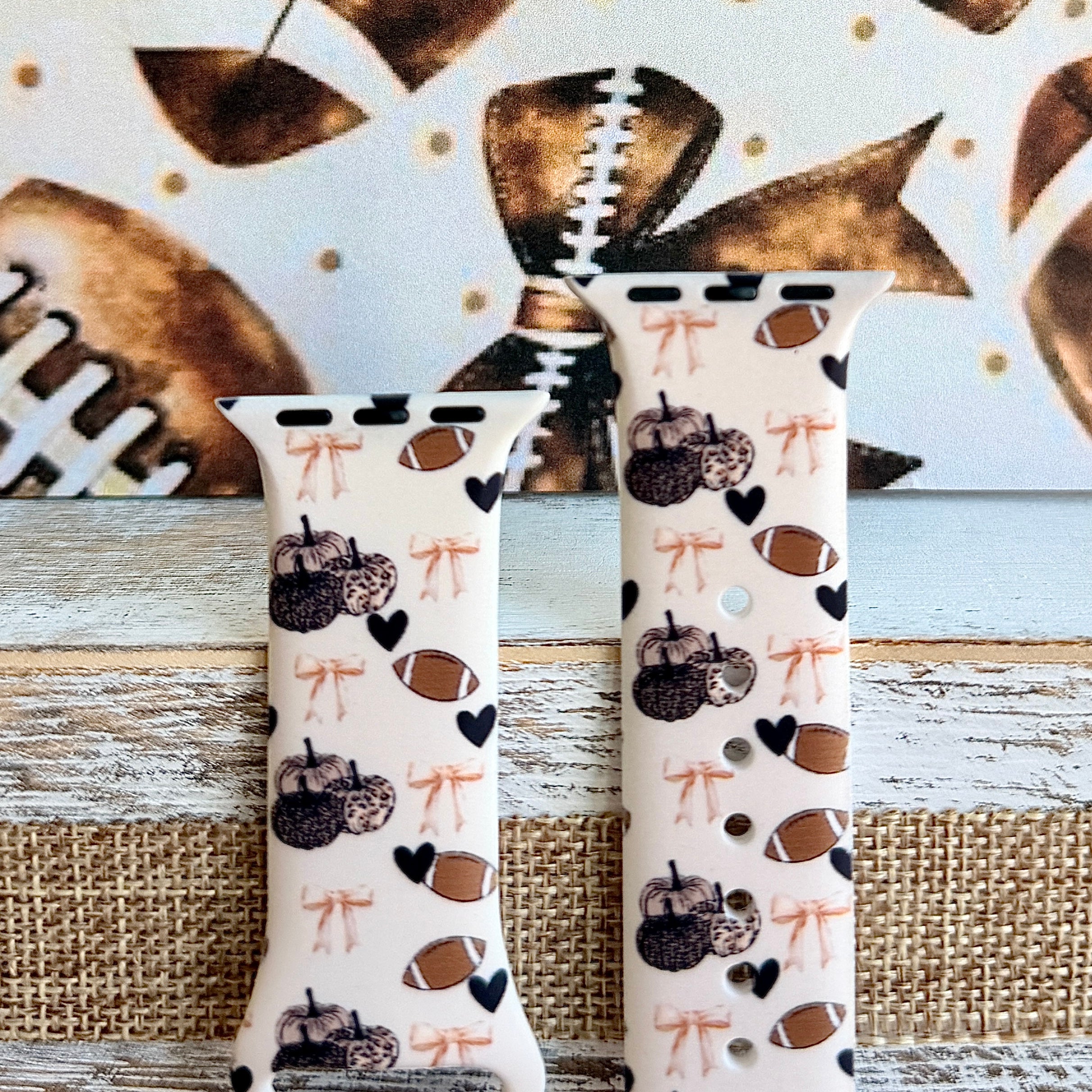 Game Day Darling coquette football print silicone band for Apple Watch with footballs, pumpkins, bows and hearts from Fancy Bands
